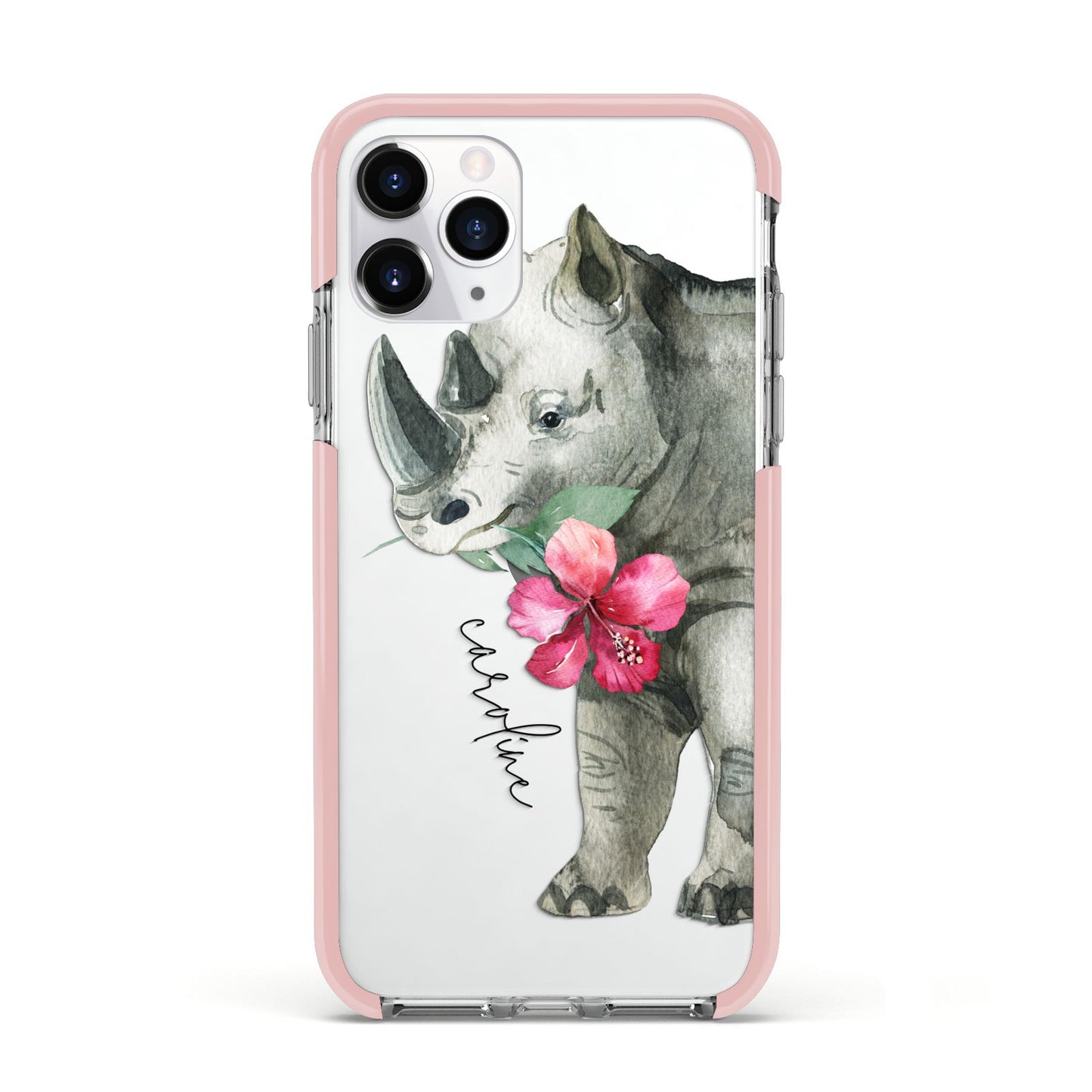Personalised Rhinoceros Apple iPhone 11 Pro in Silver with Pink Impact Case