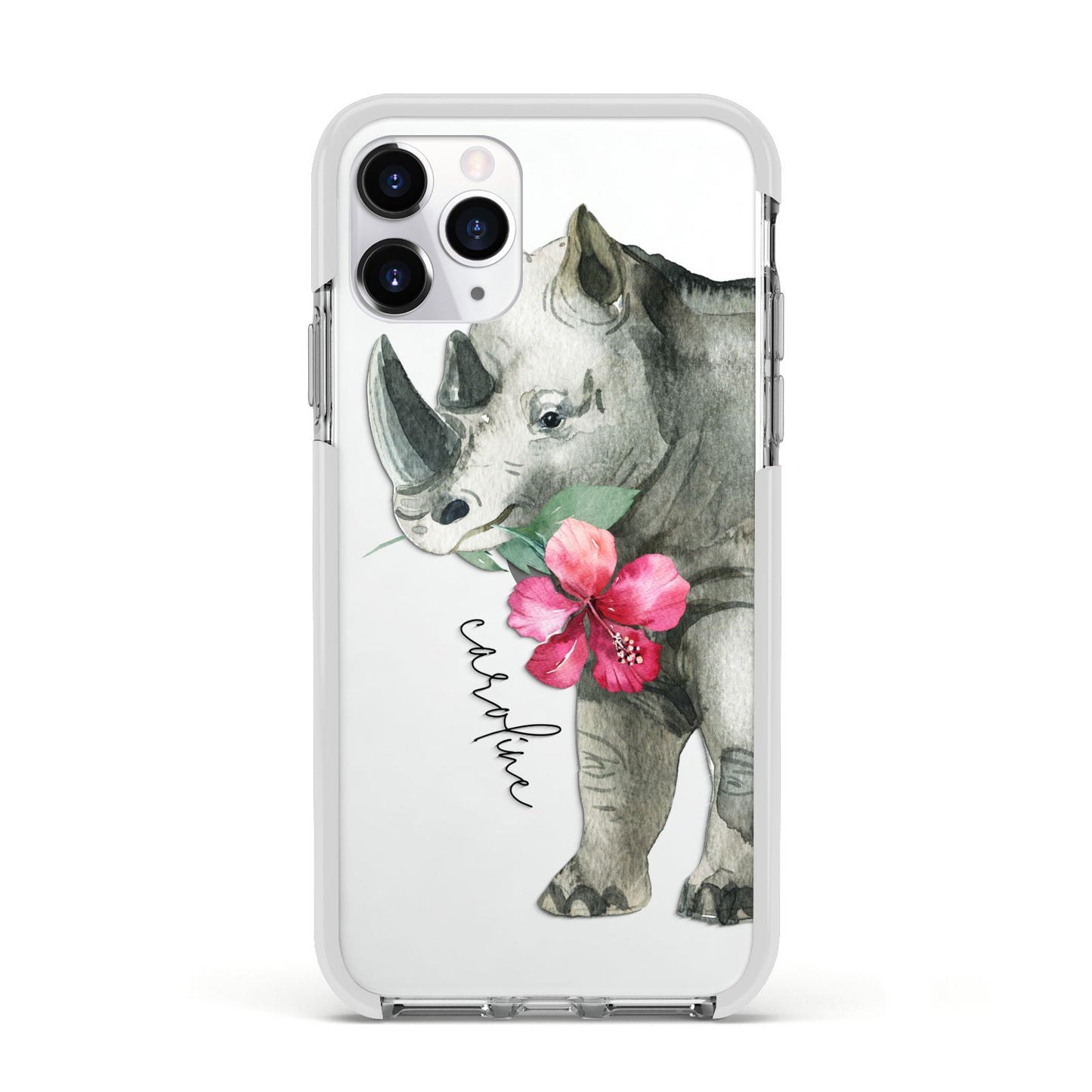 Personalised Rhinoceros Apple iPhone 11 Pro in Silver with White Impact Case