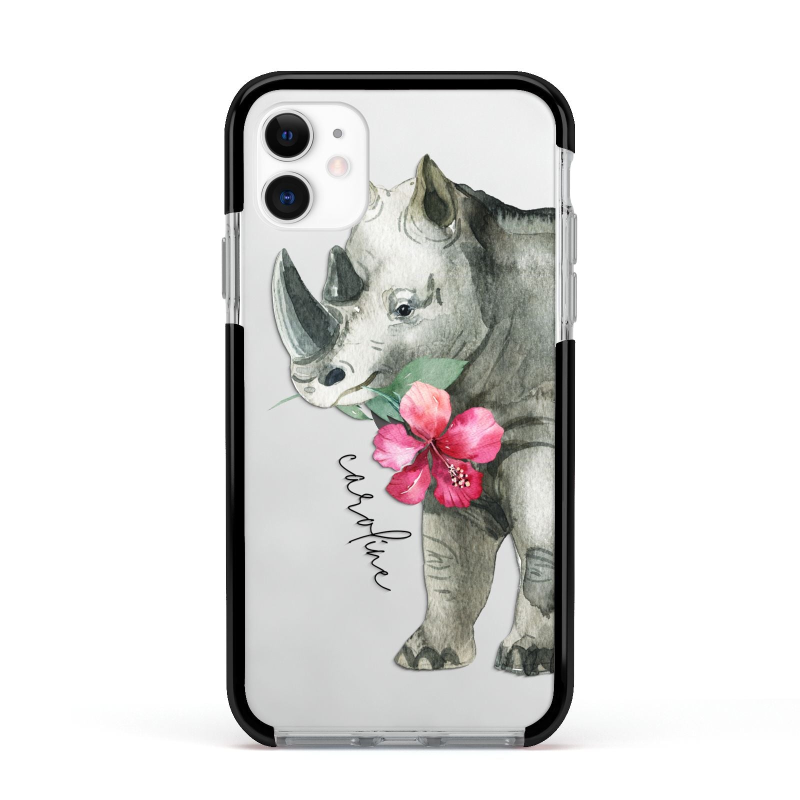 Personalised Rhinoceros Apple iPhone 11 in White with Black Impact Case