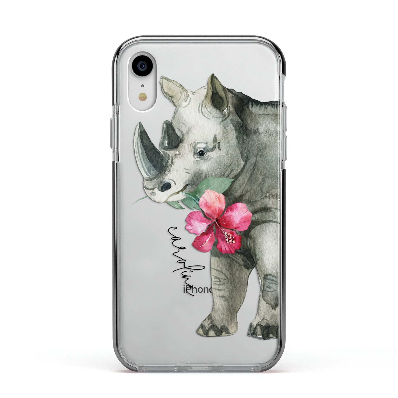 Personalised Rhinoceros Apple iPhone XR Impact Case Black Edge on Silver Phone