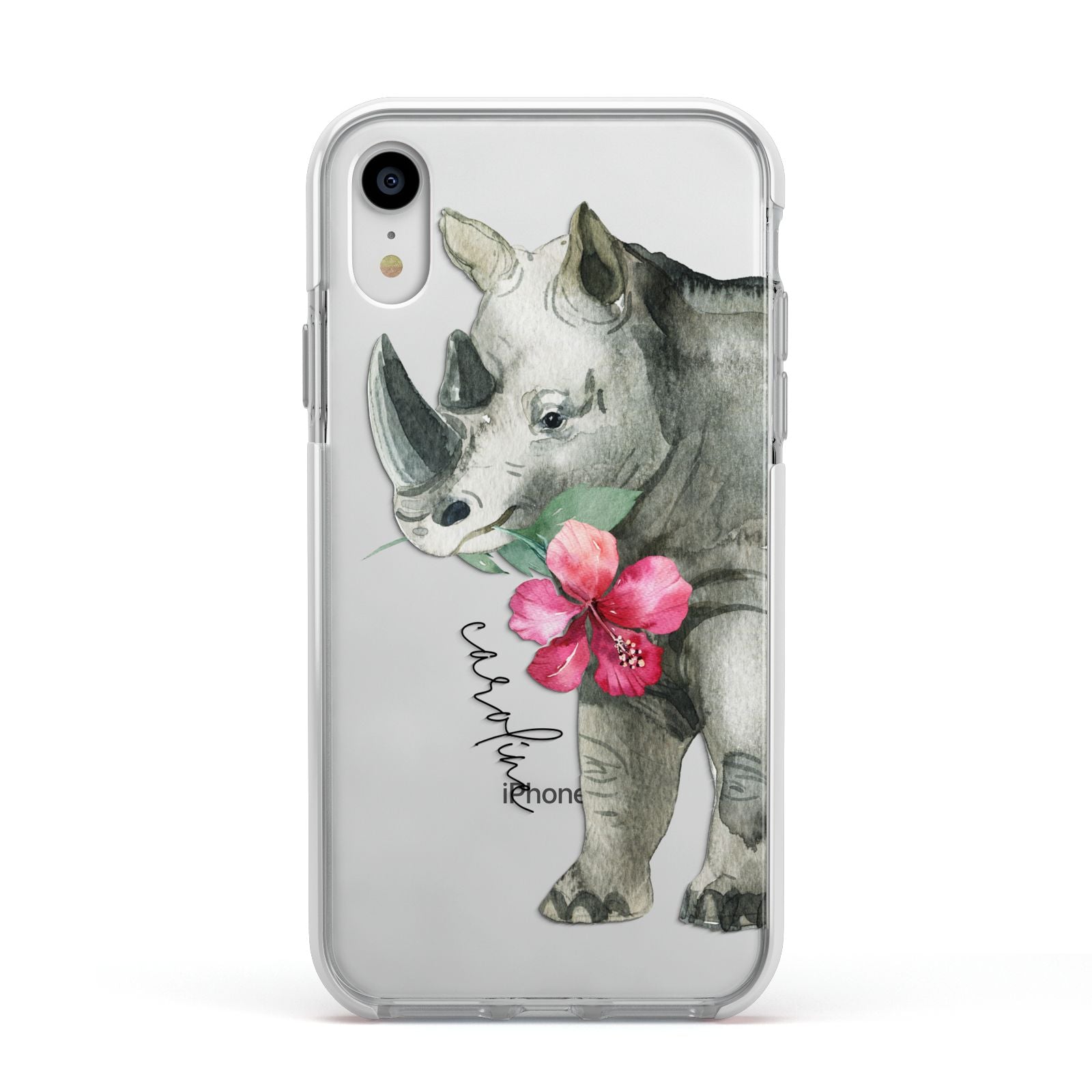 Personalised Rhinoceros Apple iPhone XR Impact Case White Edge on Silver Phone