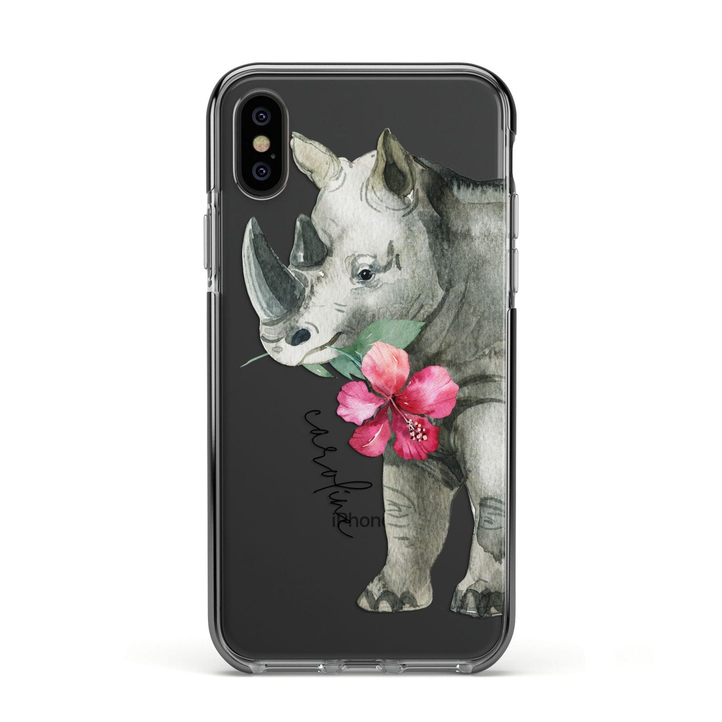 Personalised Rhinoceros Apple iPhone Xs Impact Case Black Edge on Black Phone