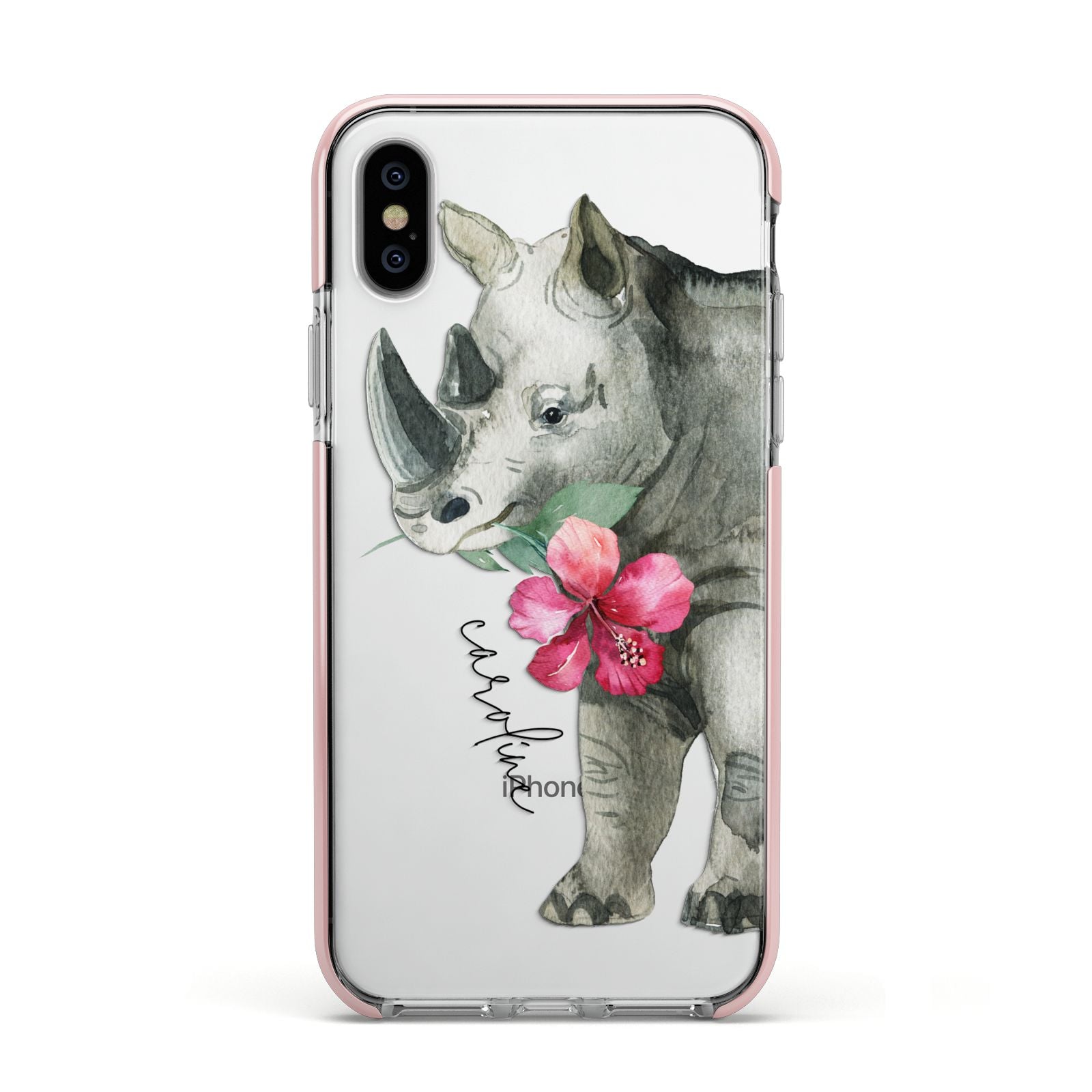 Personalised Rhinoceros Apple iPhone Xs Impact Case Pink Edge on Silver Phone
