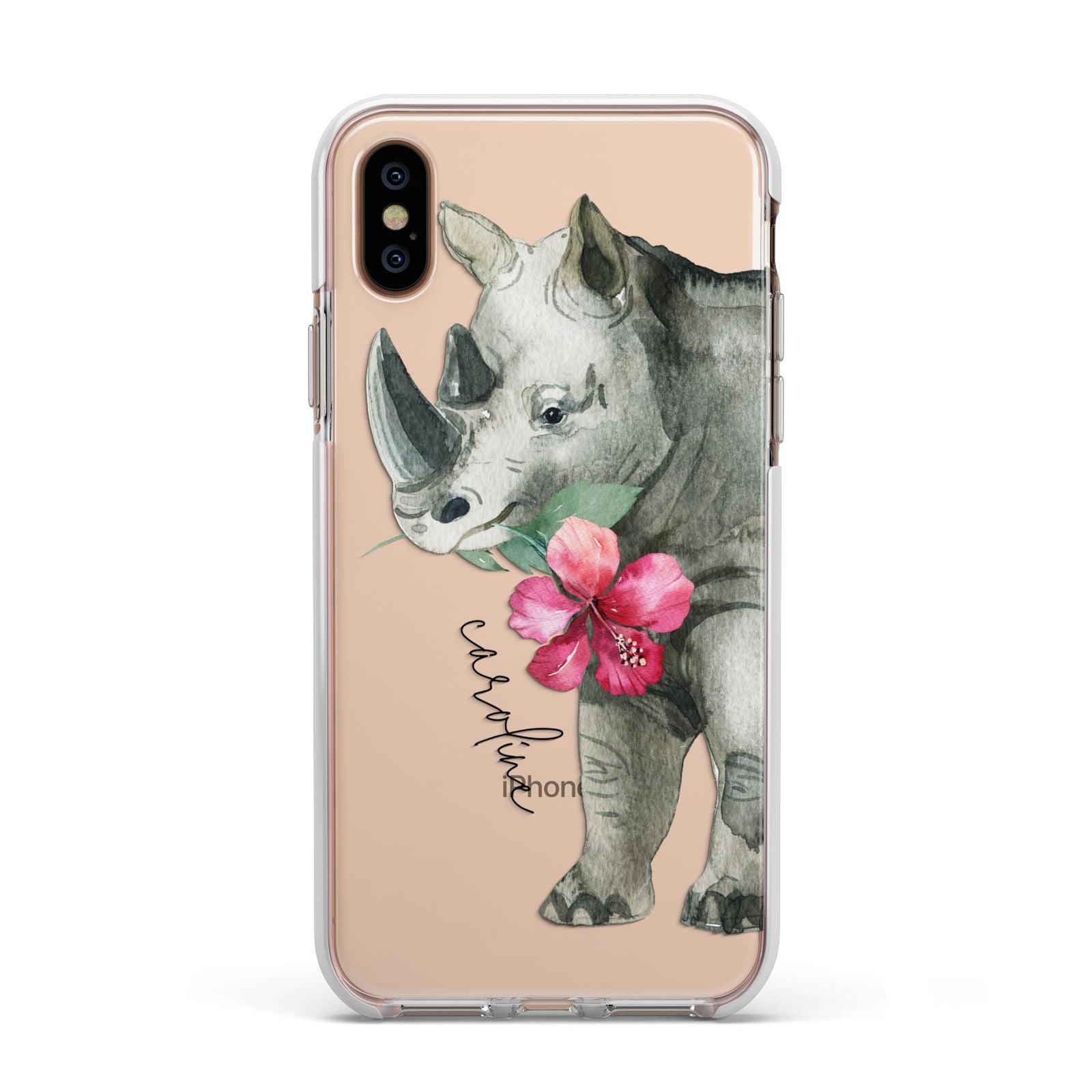 Personalised Rhinoceros Apple iPhone Xs Impact Case White Edge on Gold Phone