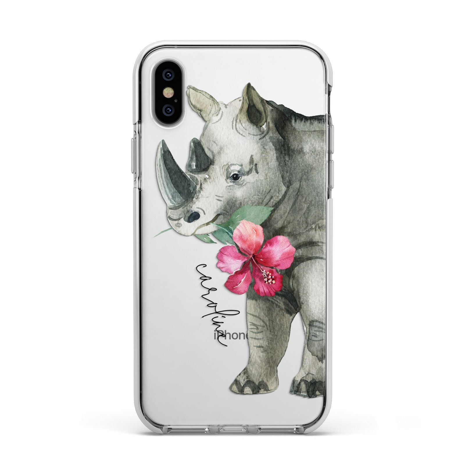 Personalised Rhinoceros Apple iPhone Xs Impact Case White Edge on Silver Phone
