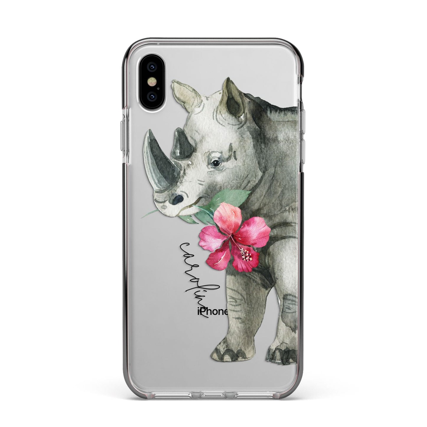 Personalised Rhinoceros Apple iPhone Xs Max Impact Case Black Edge on Silver Phone