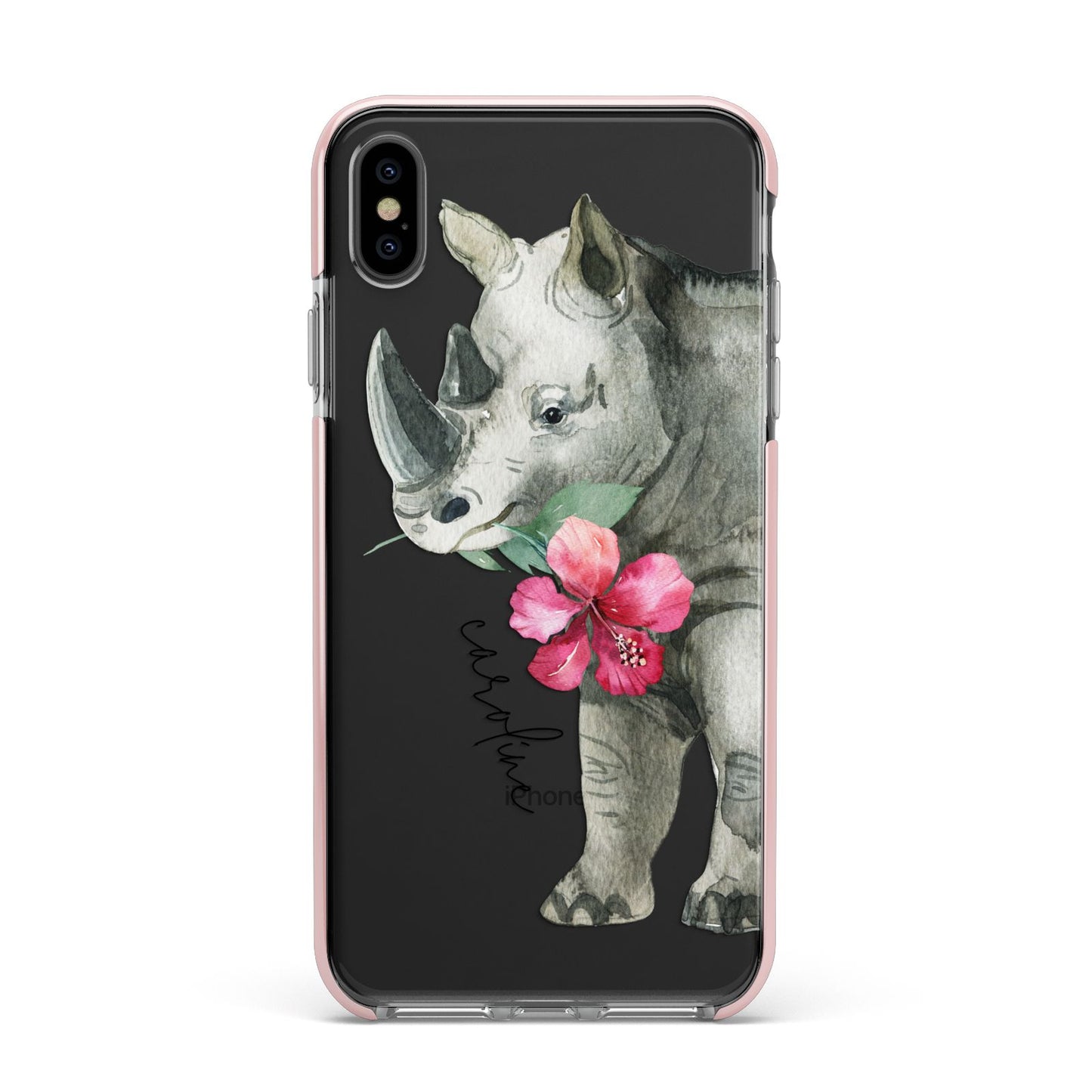 Personalised Rhinoceros Apple iPhone Xs Max Impact Case Pink Edge on Black Phone