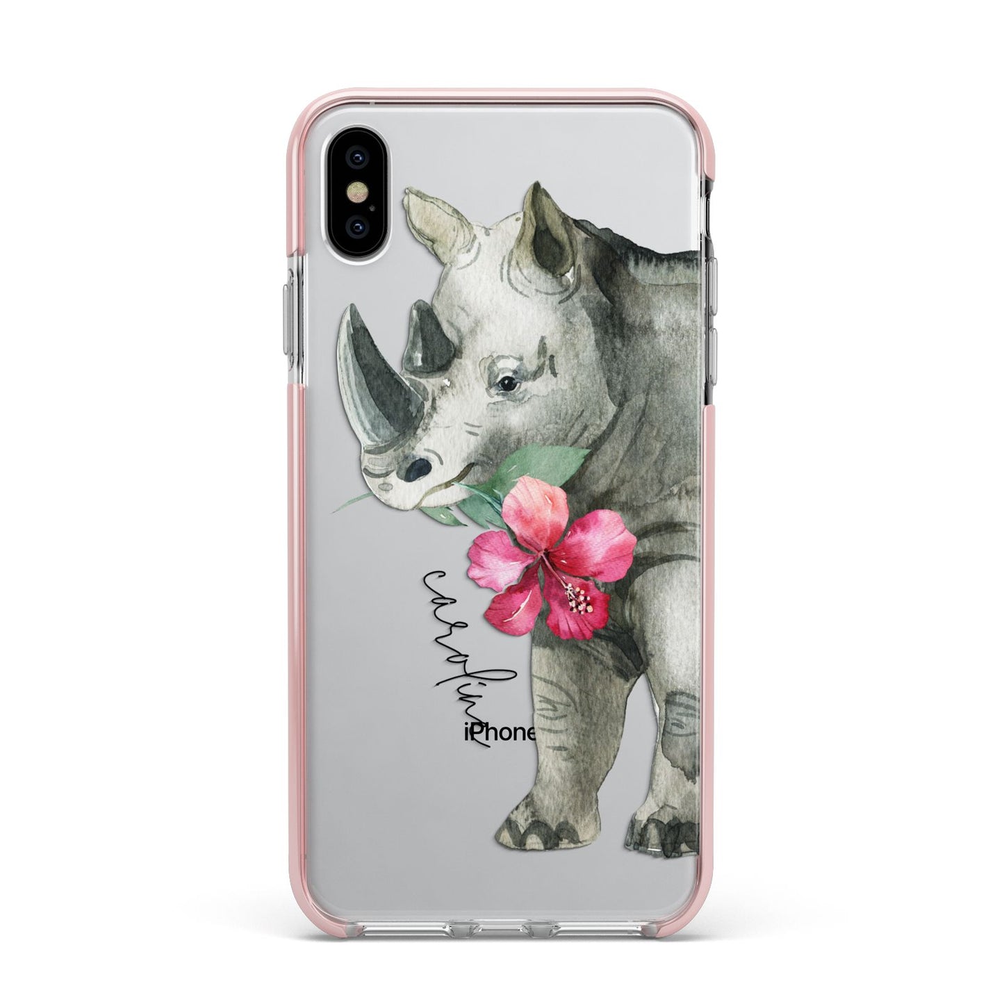 Personalised Rhinoceros Apple iPhone Xs Max Impact Case Pink Edge on Silver Phone