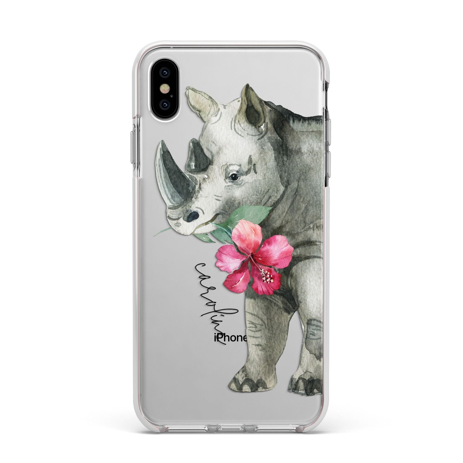 Personalised Rhinoceros Apple iPhone Xs Max Impact Case White Edge on Silver Phone