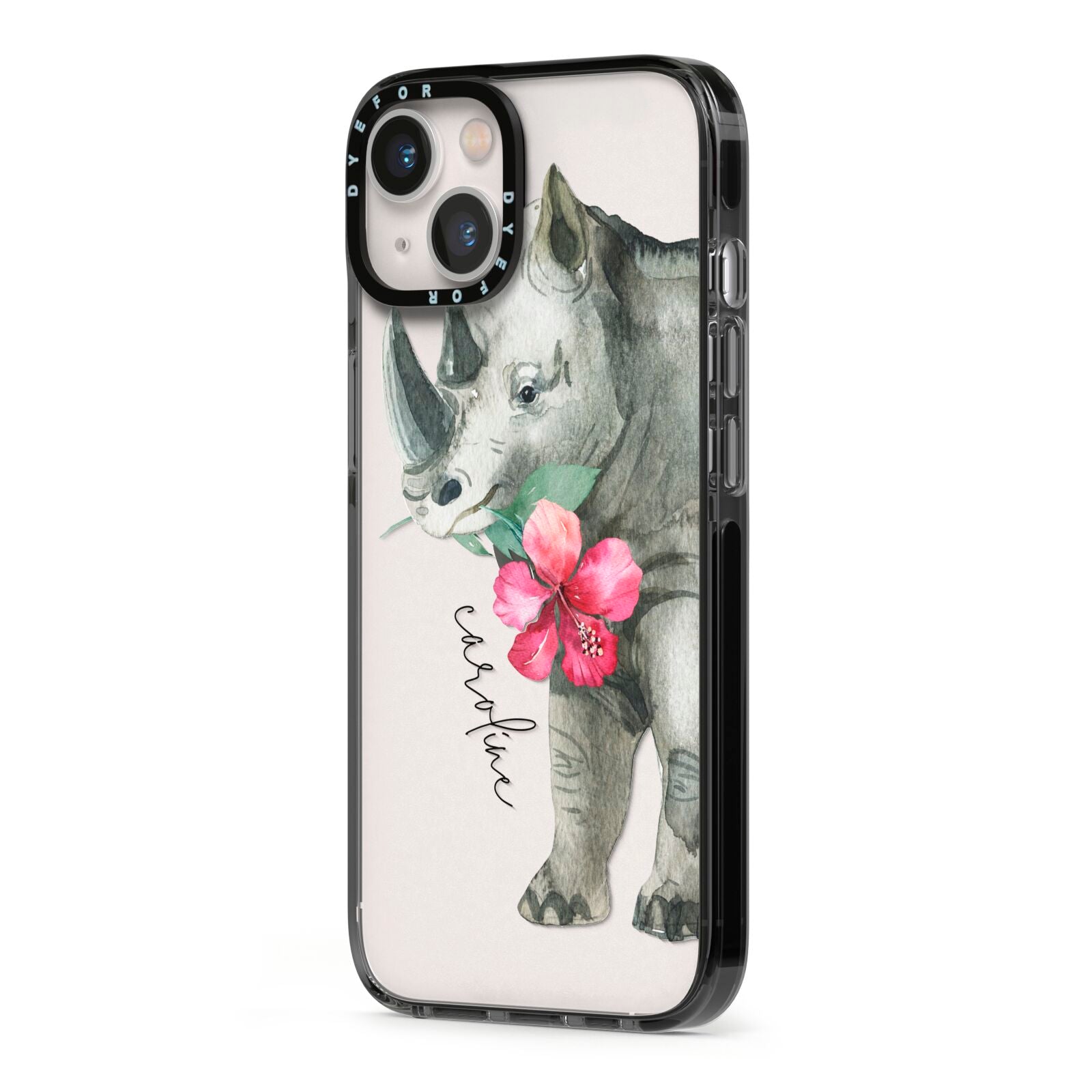 Personalised Rhinoceros iPhone 13 Black Impact Case Side Angle on Silver phone
