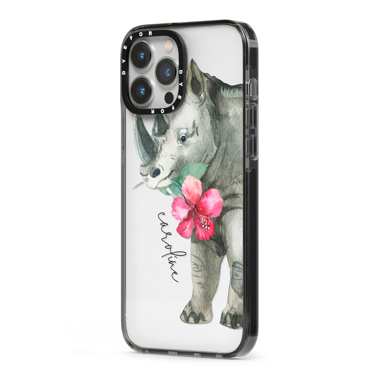 Personalised Rhinoceros iPhone 13 Pro Max Black Impact Case Side Angle on Silver phone