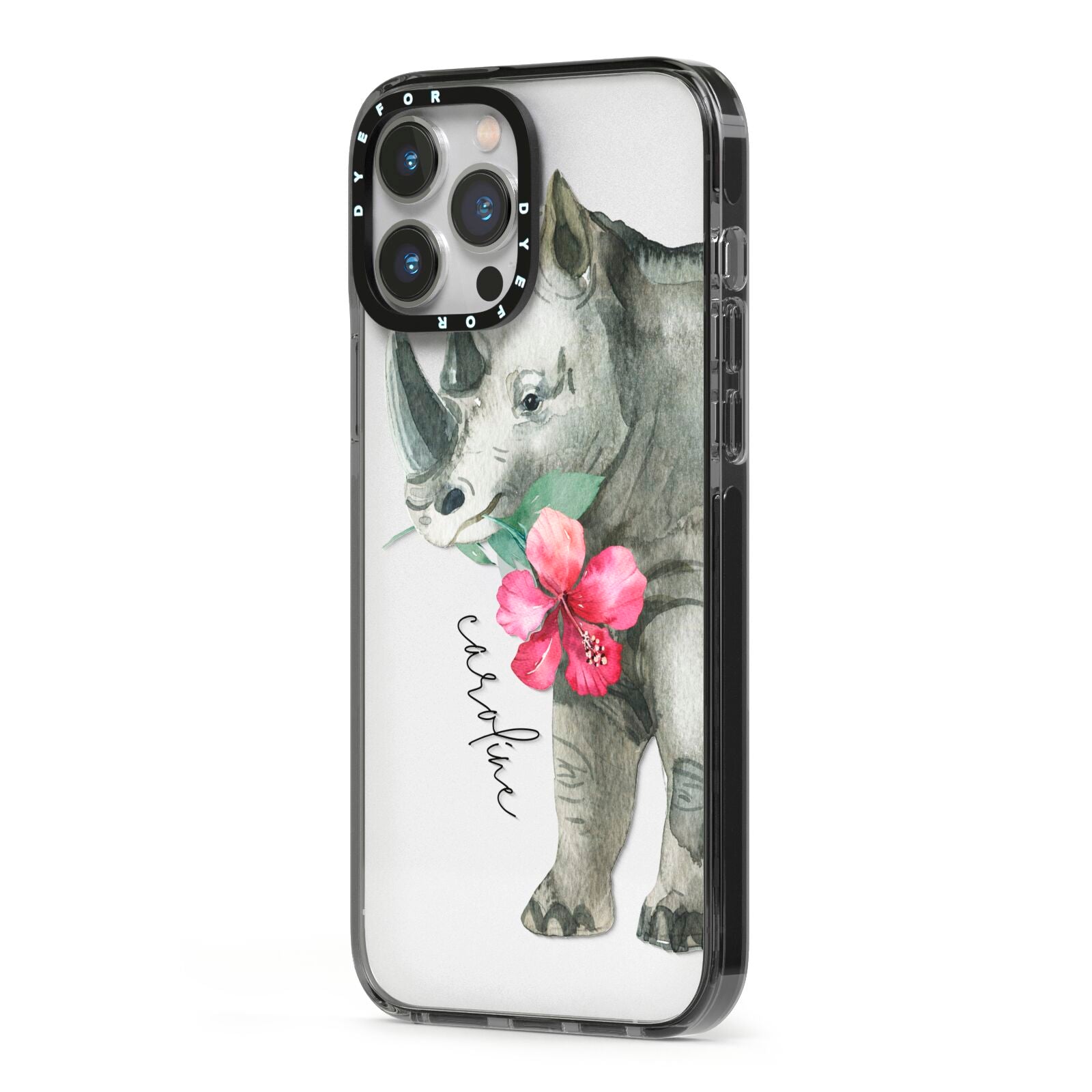 Personalised Rhinoceros iPhone 13 Pro Max Black Impact Case Side Angle on Silver phone