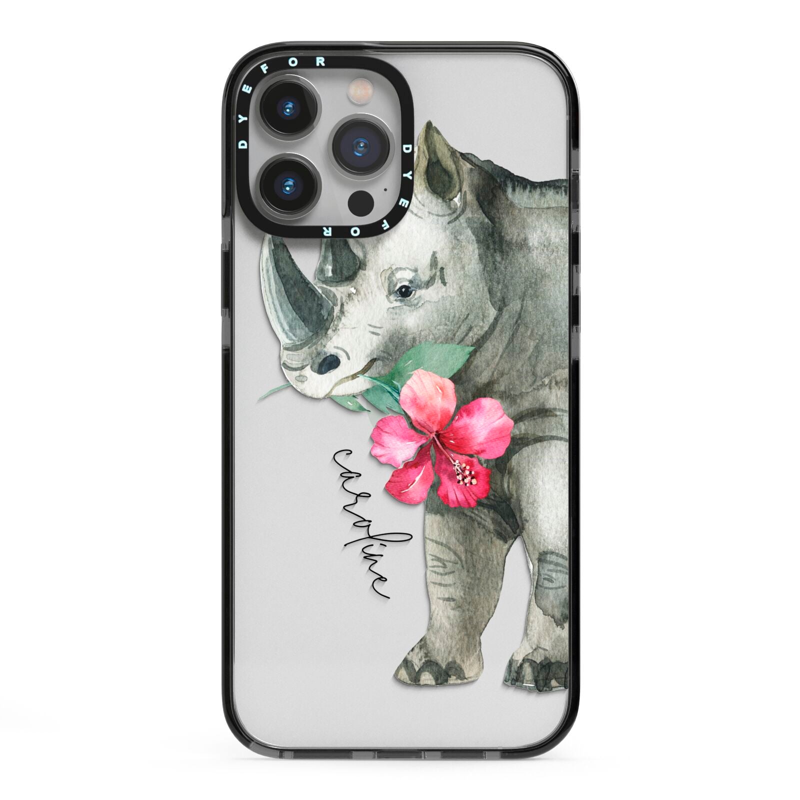 Personalised Rhinoceros iPhone 13 Pro Max Black Impact Case on Silver phone