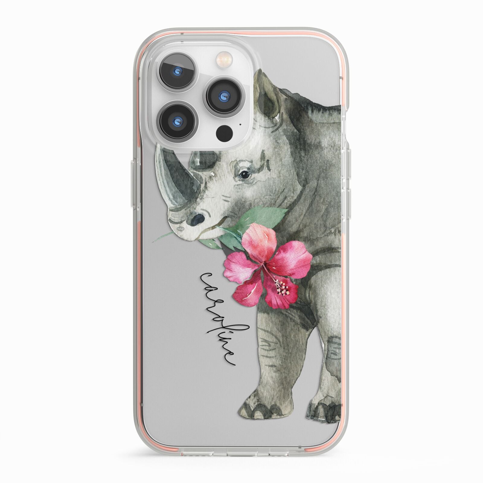 Personalised Rhinoceros iPhone 13 Pro TPU Impact Case with Pink Edges