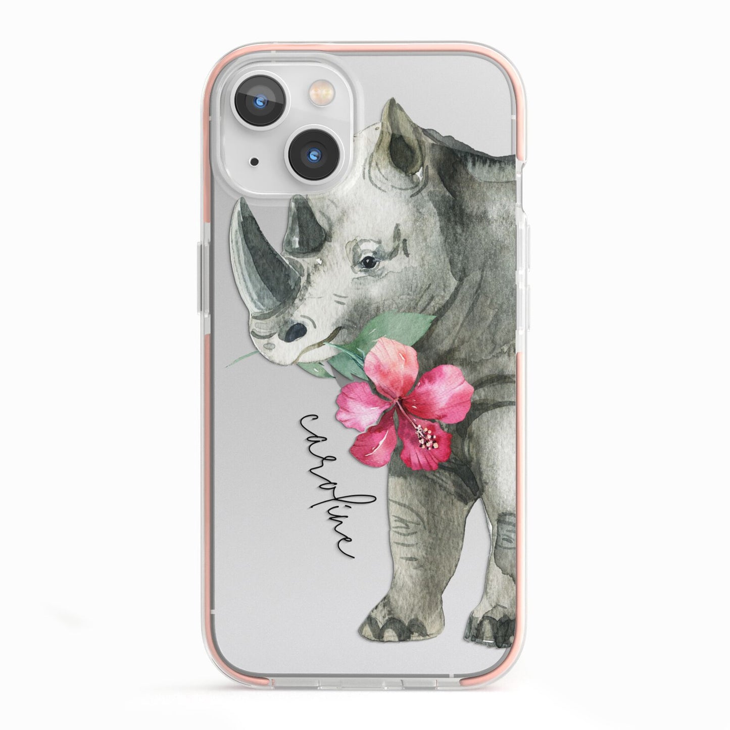 Personalised Rhinoceros iPhone 13 TPU Impact Case with Pink Edges