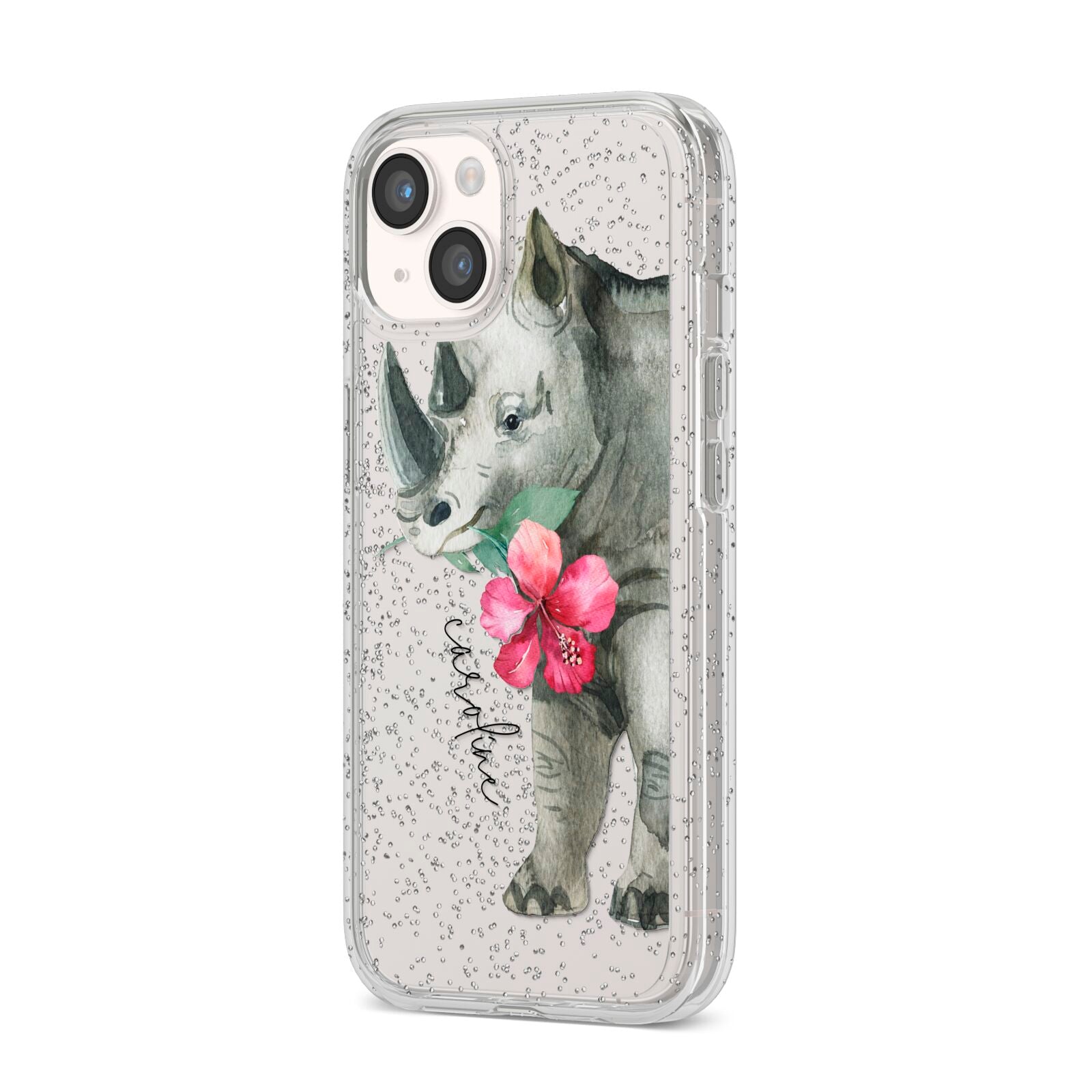 Personalised Rhinoceros iPhone 14 Glitter Tough Case Starlight Angled Image