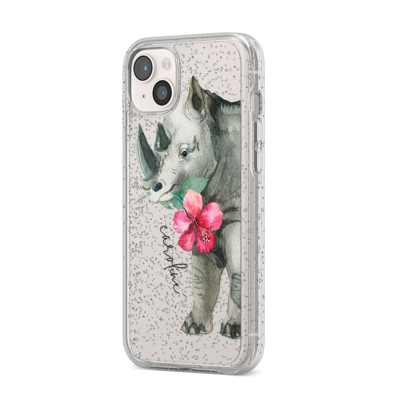 Personalised Rhinoceros iPhone 14 Plus Glitter Tough Case Starlight Angled Image