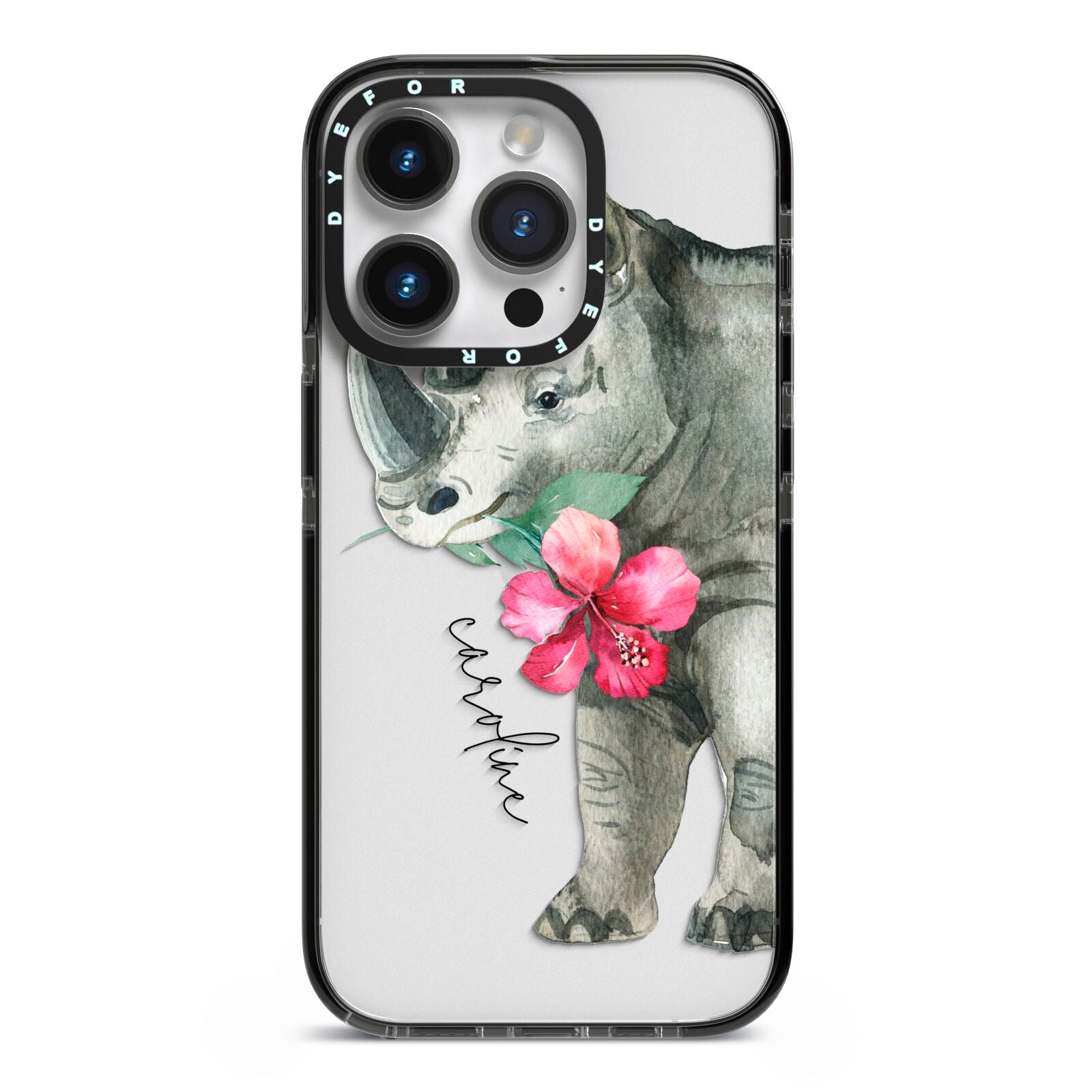 Personalised Rhinoceros iPhone 14 Pro Black Impact Case on Silver phone