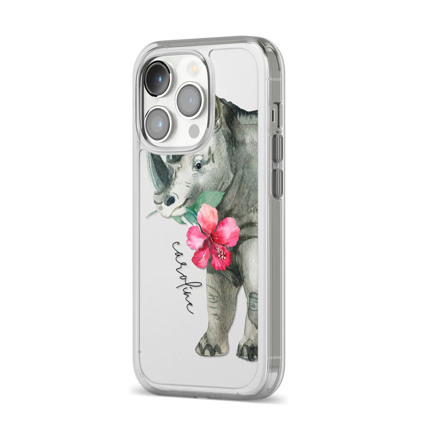 Personalised Rhinoceros iPhone 14 Pro Clear Tough Case Silver Angled Image
