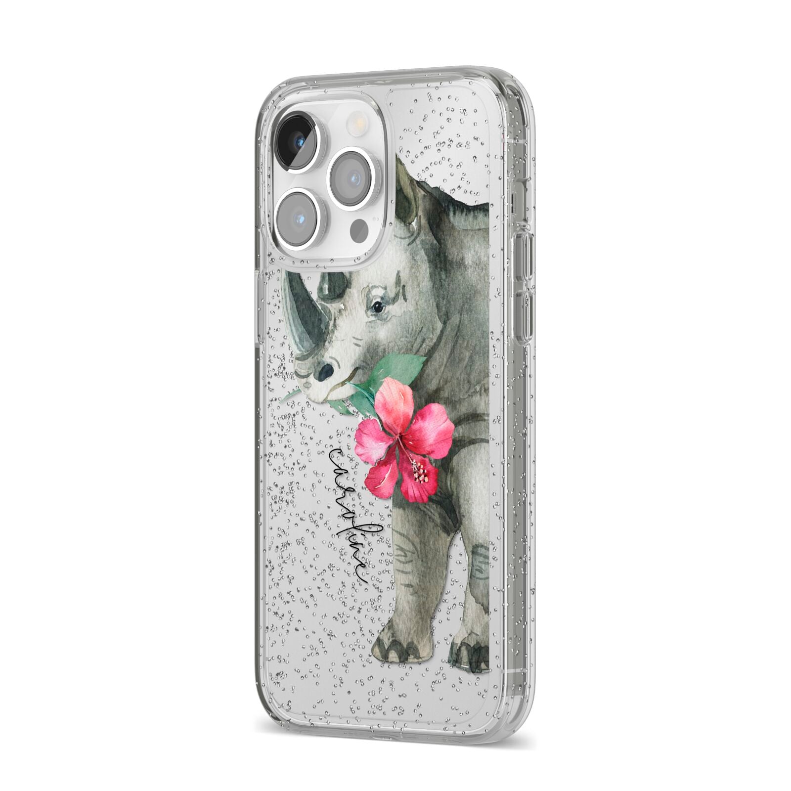 Personalised Rhinoceros iPhone 14 Pro Max Glitter Tough Case Silver Angled Image
