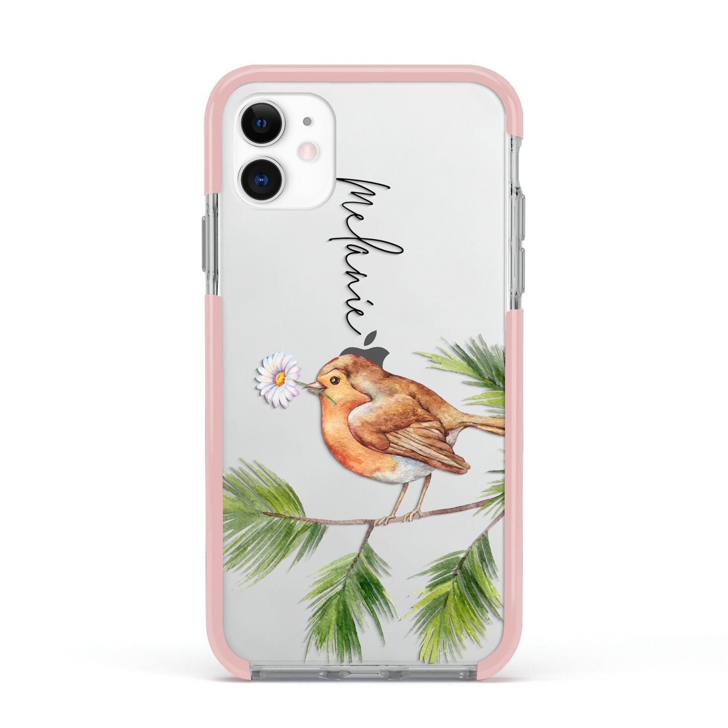 Personalised Robin Apple iPhone 11 in White with Pink Impact Case