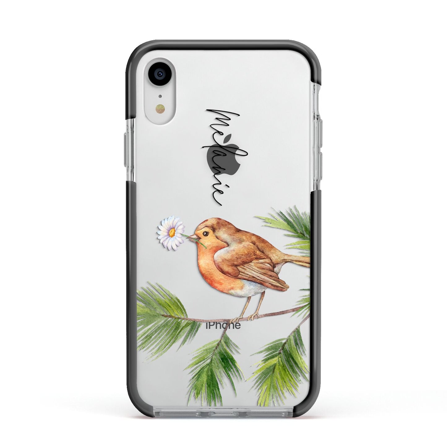 Personalised Robin Apple iPhone XR Impact Case Black Edge on Silver Phone