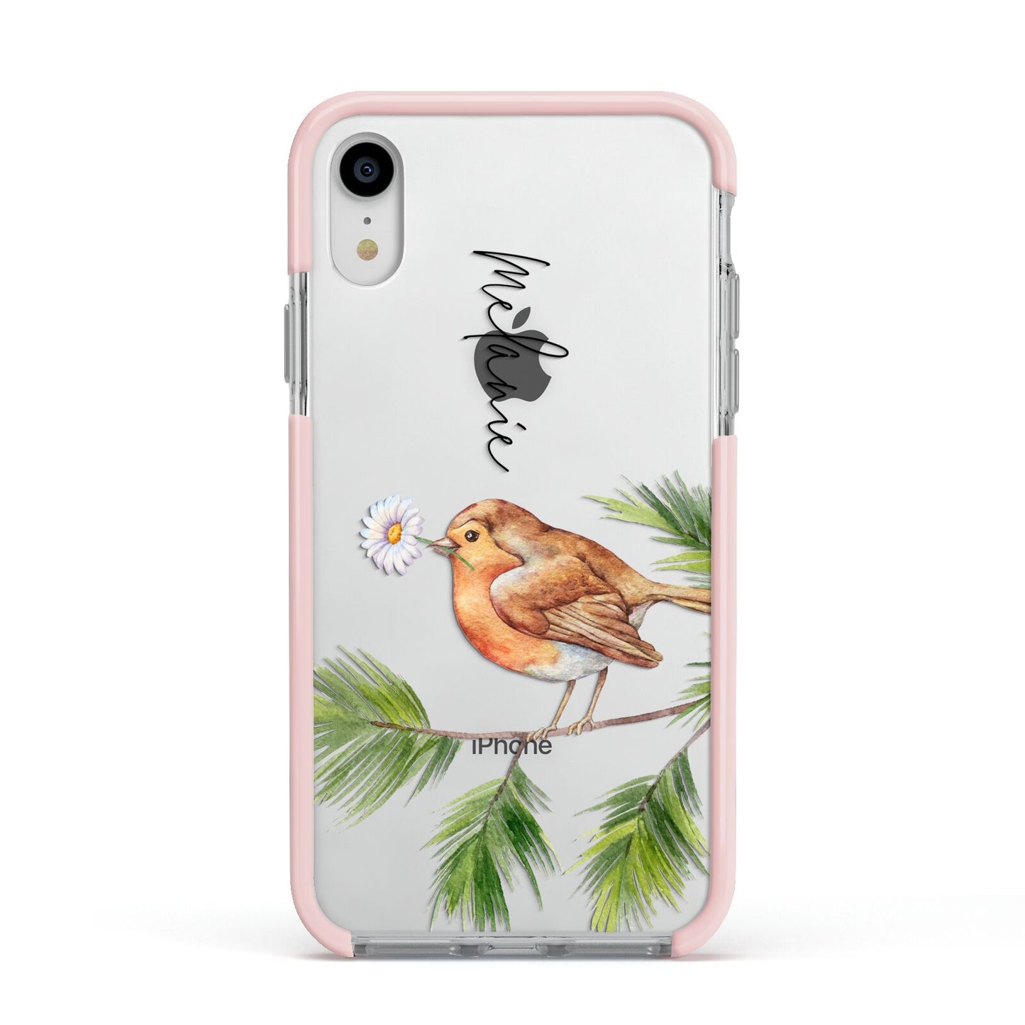 Personalised Robin Apple iPhone XR Impact Case Pink Edge on Silver Phone