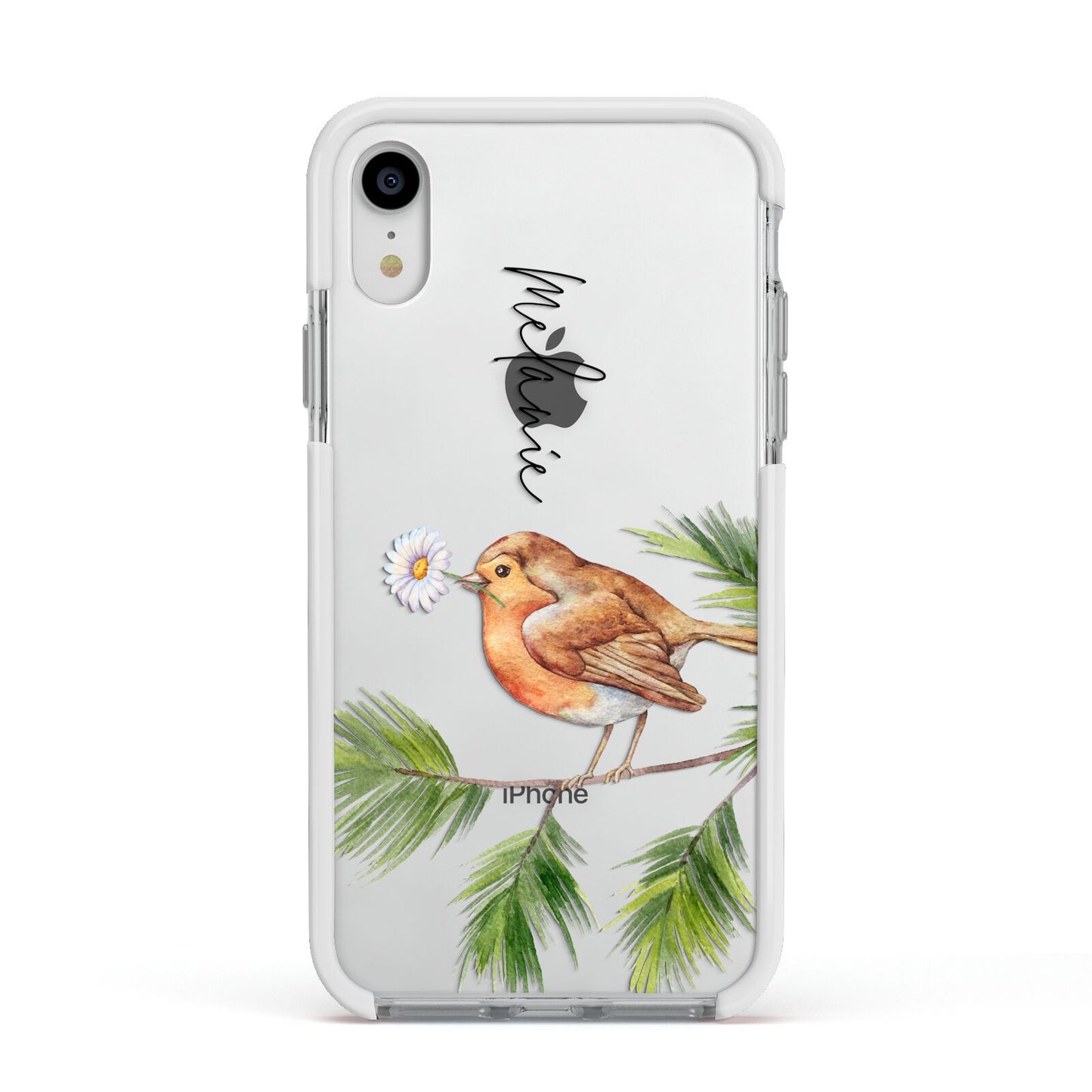 Personalised Robin Apple iPhone XR Impact Case White Edge on Silver Phone