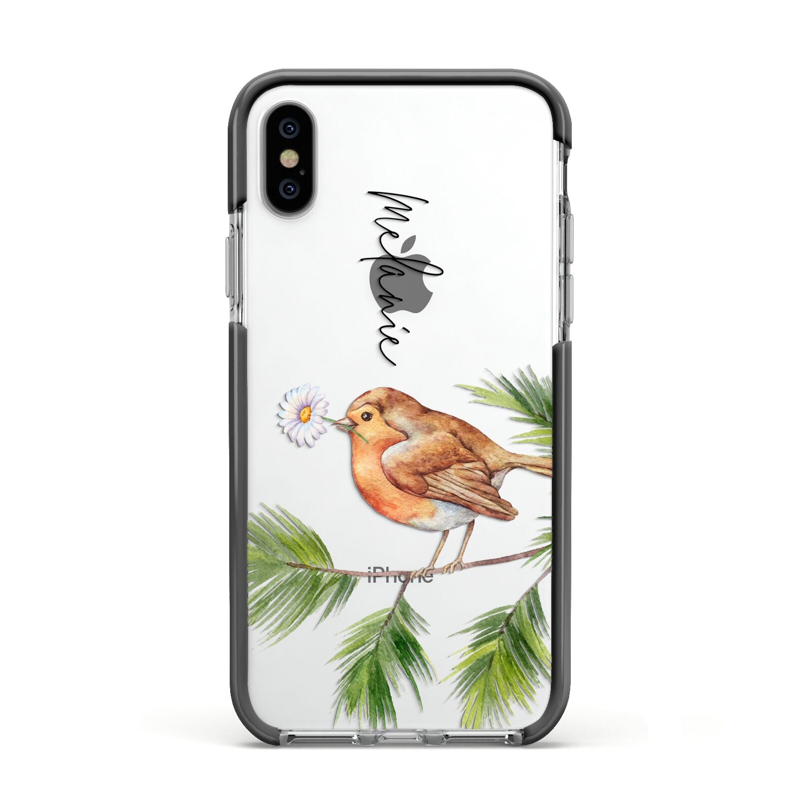 Personalised Robin Apple iPhone Xs Impact Case Black Edge on Silver Phone