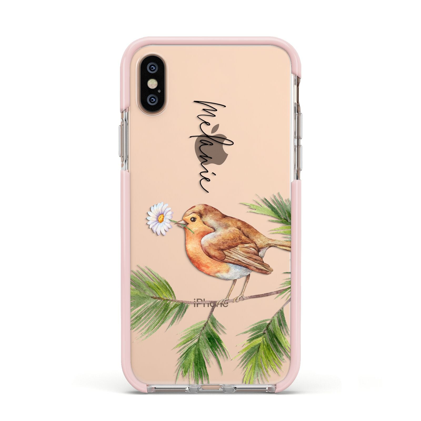 Personalised Robin Apple iPhone Xs Impact Case Pink Edge on Gold Phone