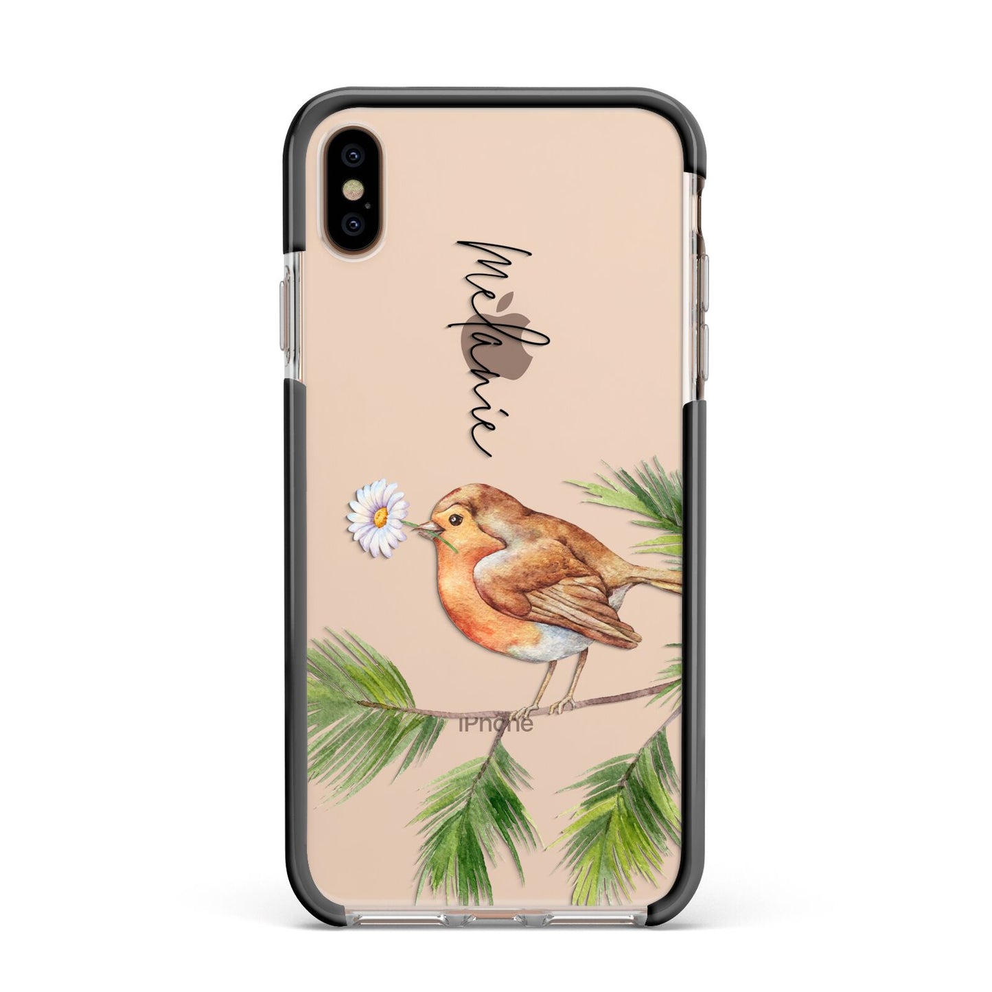 Personalised Robin Apple iPhone Xs Max Impact Case Black Edge on Gold Phone