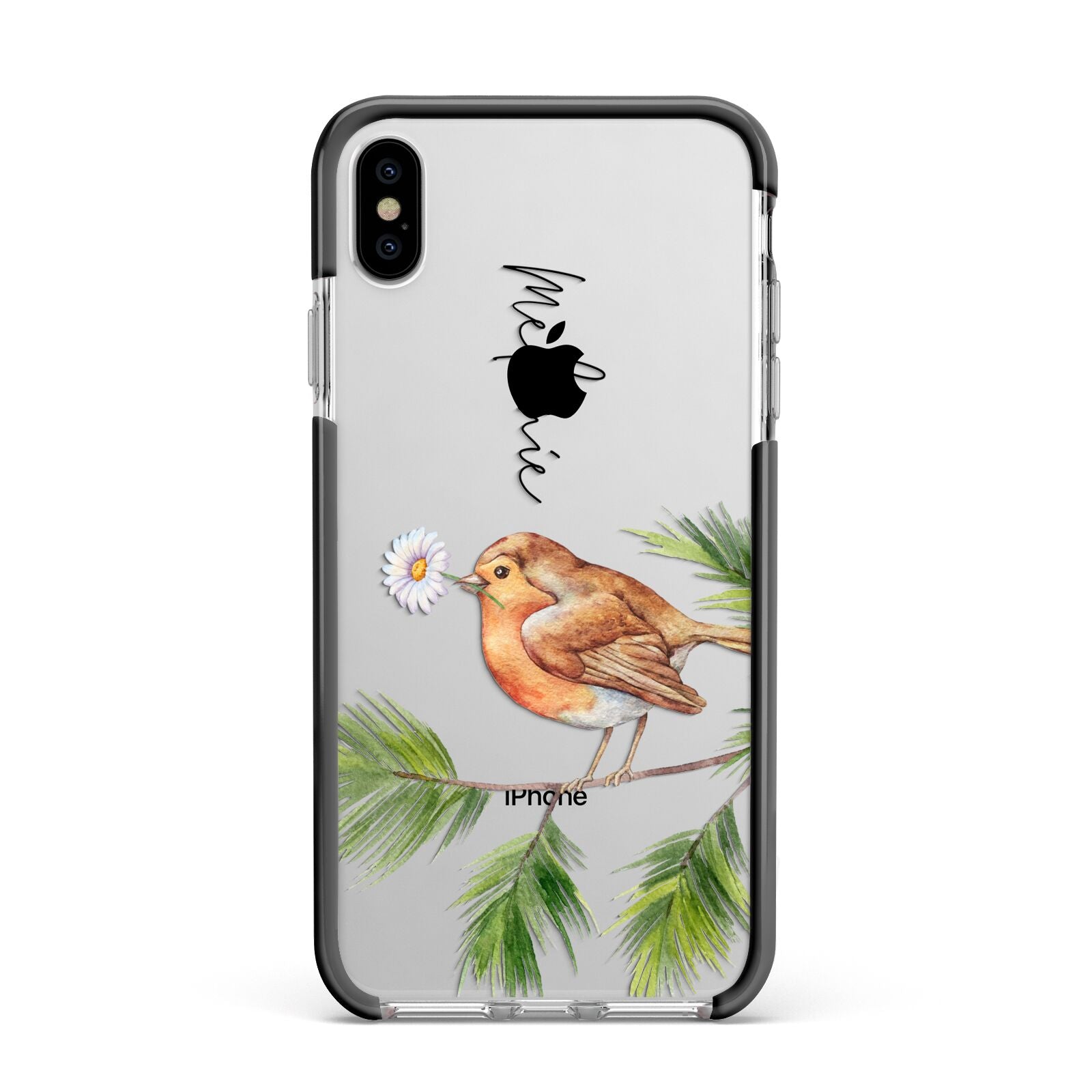 Personalised Robin Apple iPhone Xs Max Impact Case Black Edge on Silver Phone