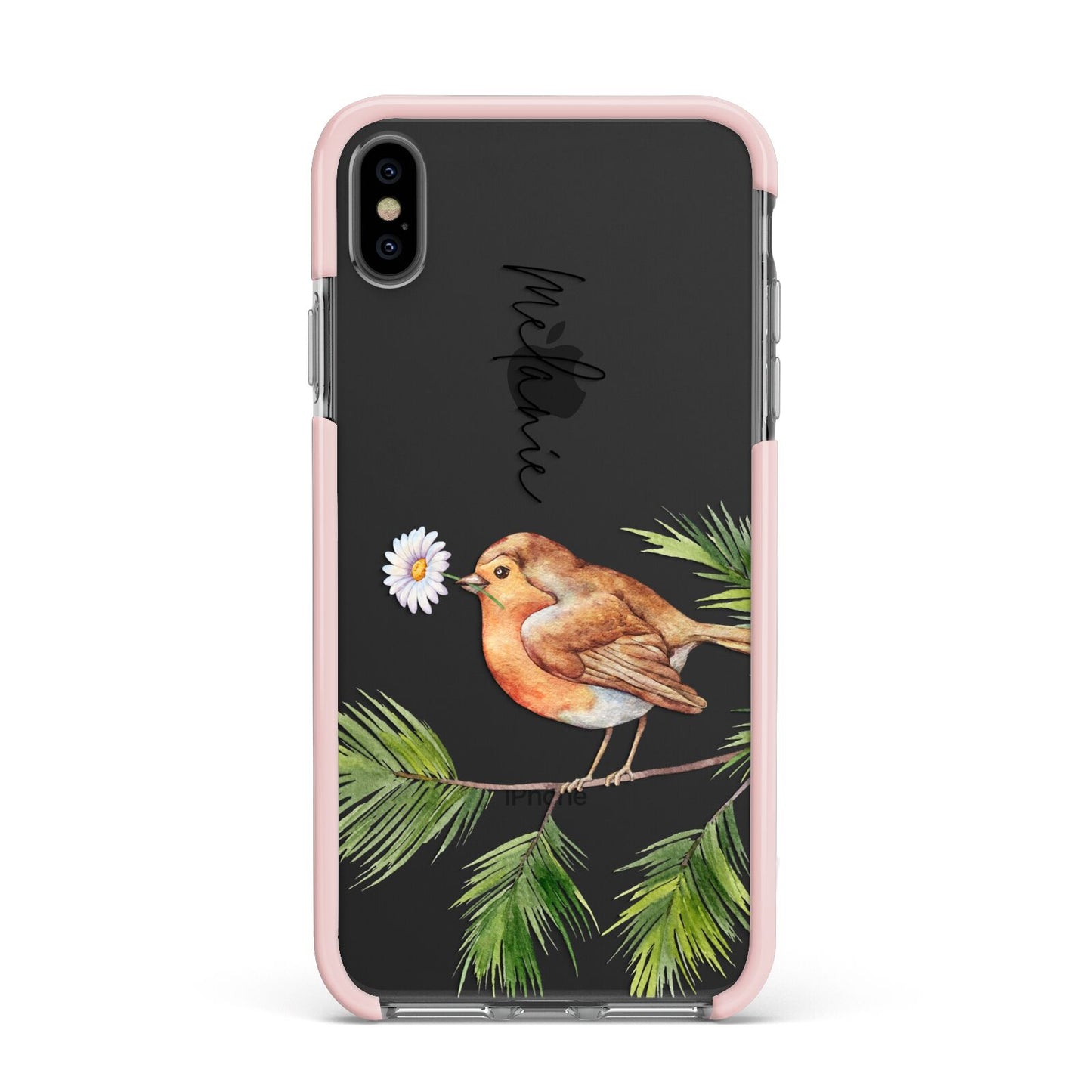 Personalised Robin Apple iPhone Xs Max Impact Case Pink Edge on Black Phone