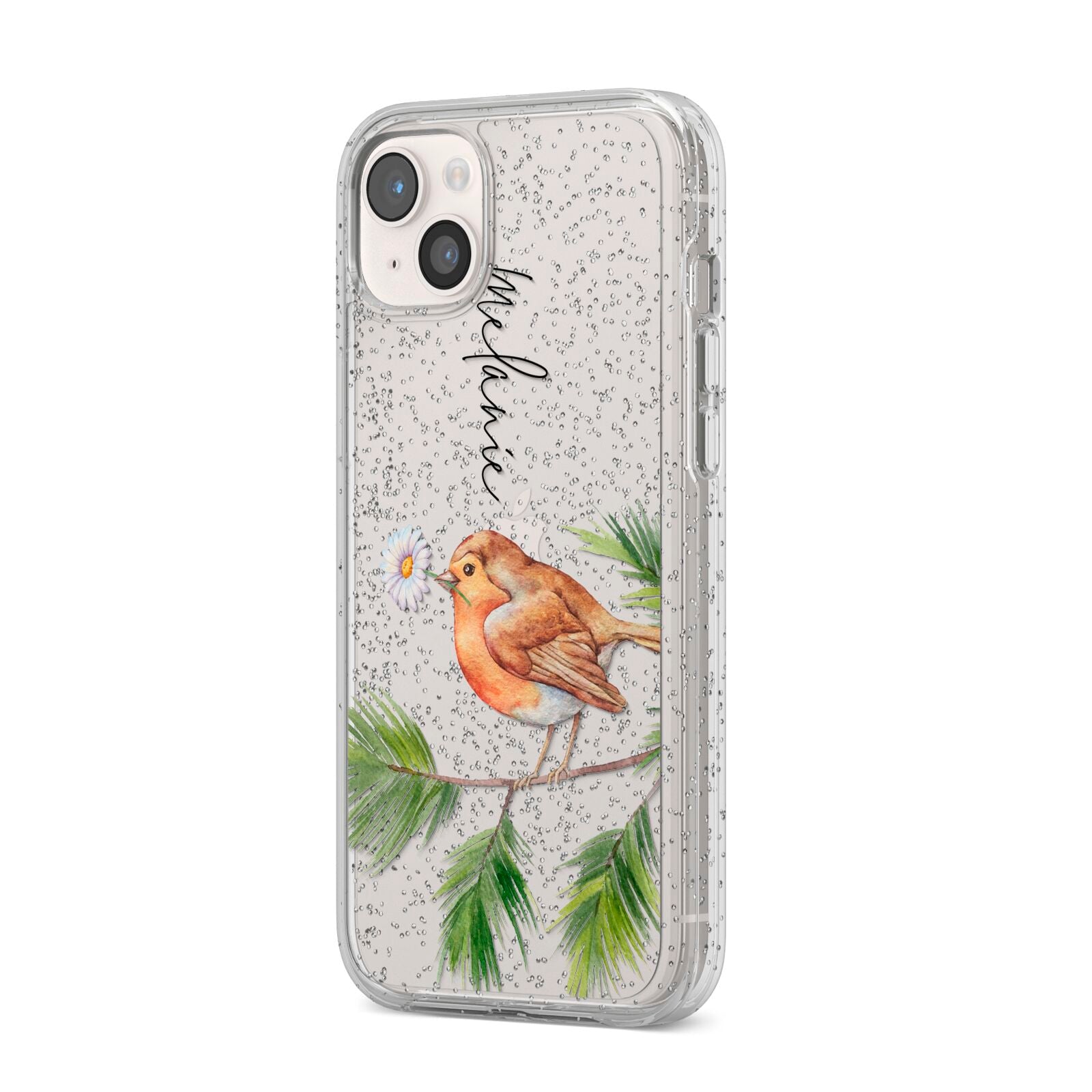 Personalised Robin iPhone 14 Plus Glitter Tough Case Starlight Angled Image