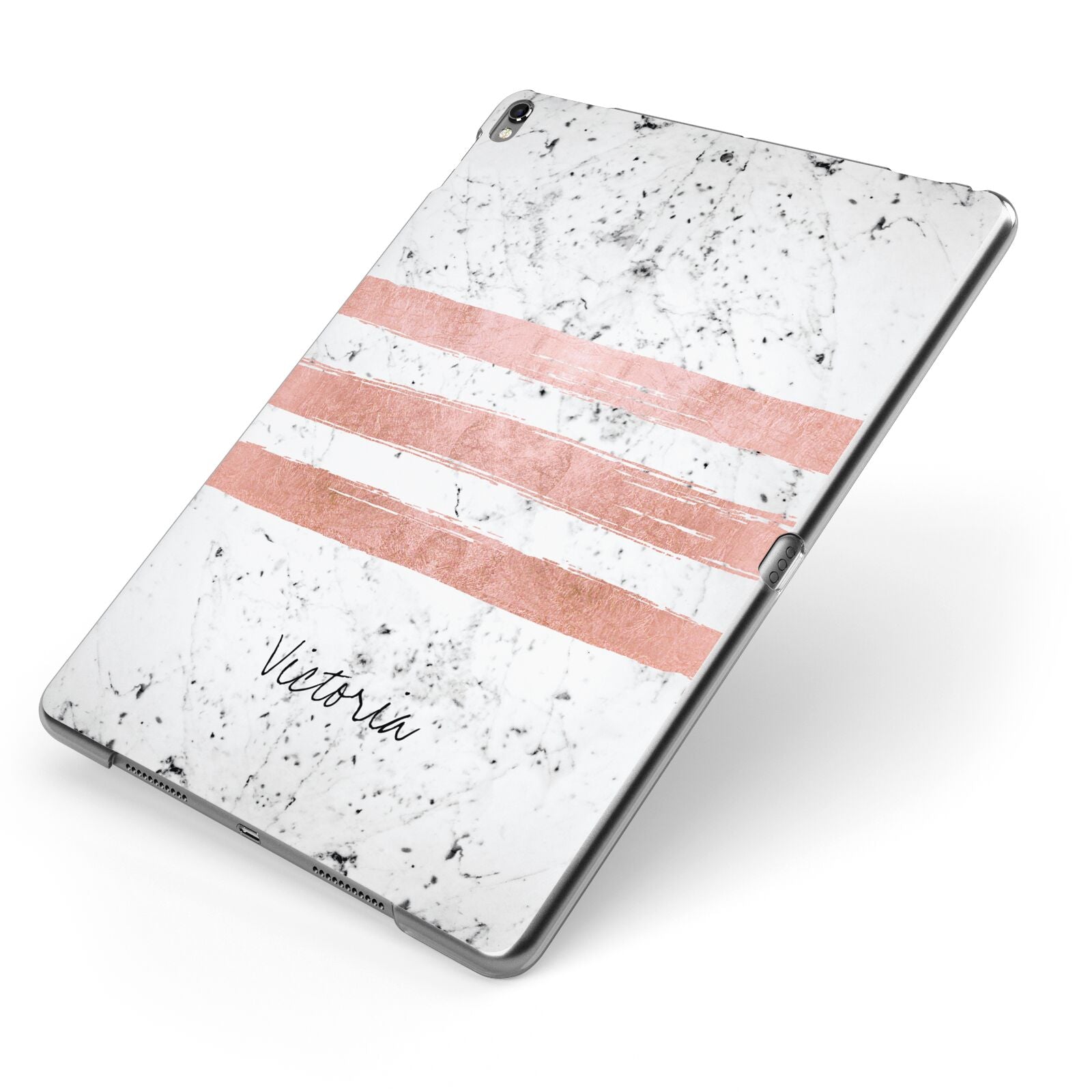 Personalised Rose Gold Brush Marble Initial Apple iPad Case on Grey iPad Side View