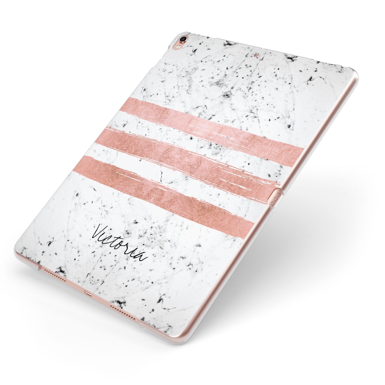 Personalised Rose Gold Brush Marble Initial Apple iPad Case on Rose Gold iPad Side View