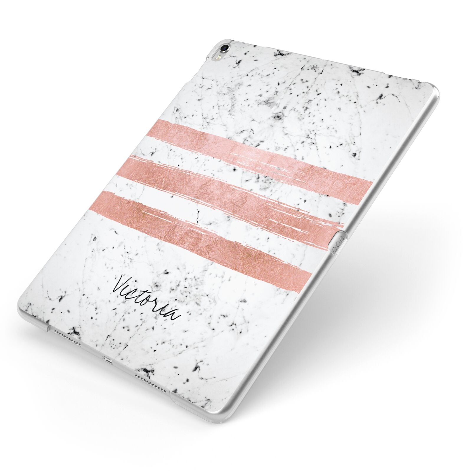 Personalised Rose Gold Brush Marble Initial Apple iPad Case on Silver iPad Side View