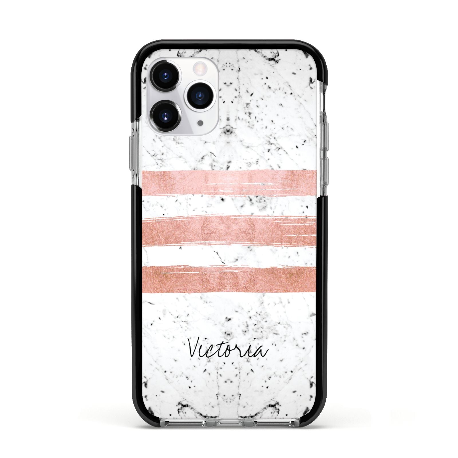 Personalised Rose Gold Brush Marble Initial Apple iPhone 11 Pro in Silver with Black Impact Case