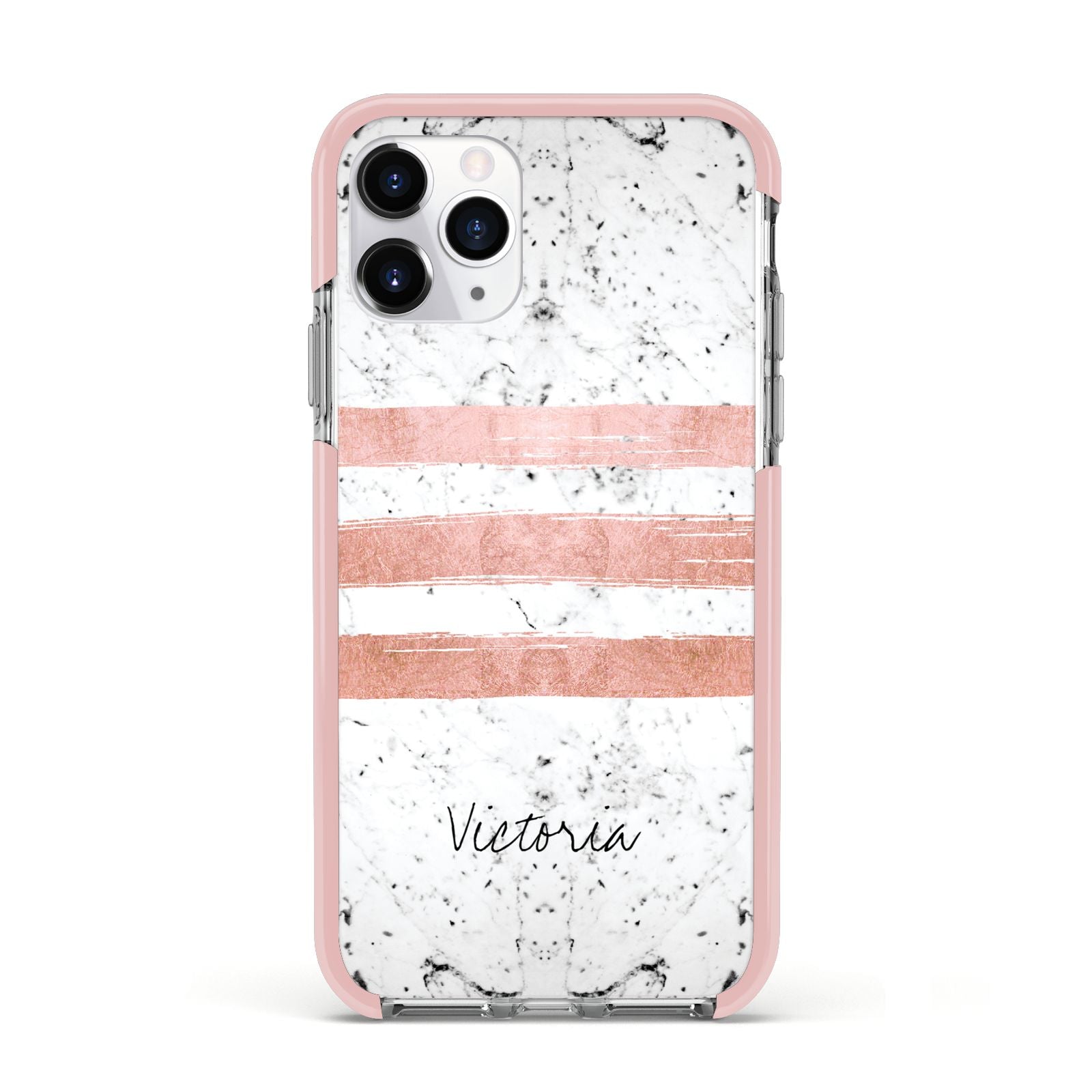 Personalised Rose Gold Brush Marble Initial Apple iPhone 11 Pro in Silver with Pink Impact Case