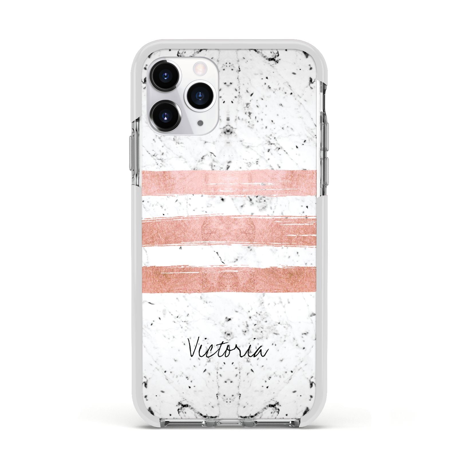Personalised Rose Gold Brush Marble Initial Apple iPhone 11 Pro in Silver with White Impact Case
