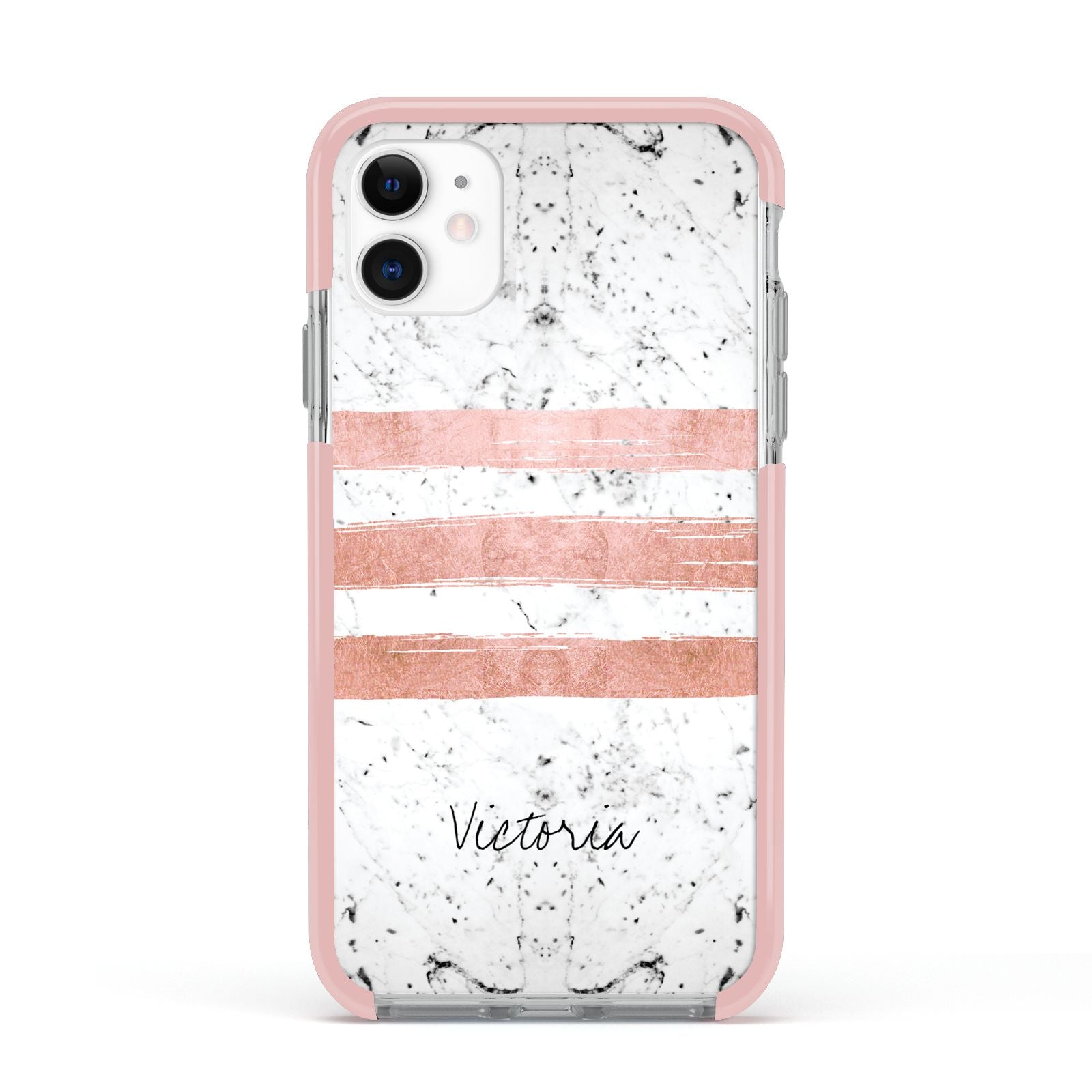 Personalised Rose Gold Brush Marble Initial Apple iPhone 11 in White with Pink Impact Case