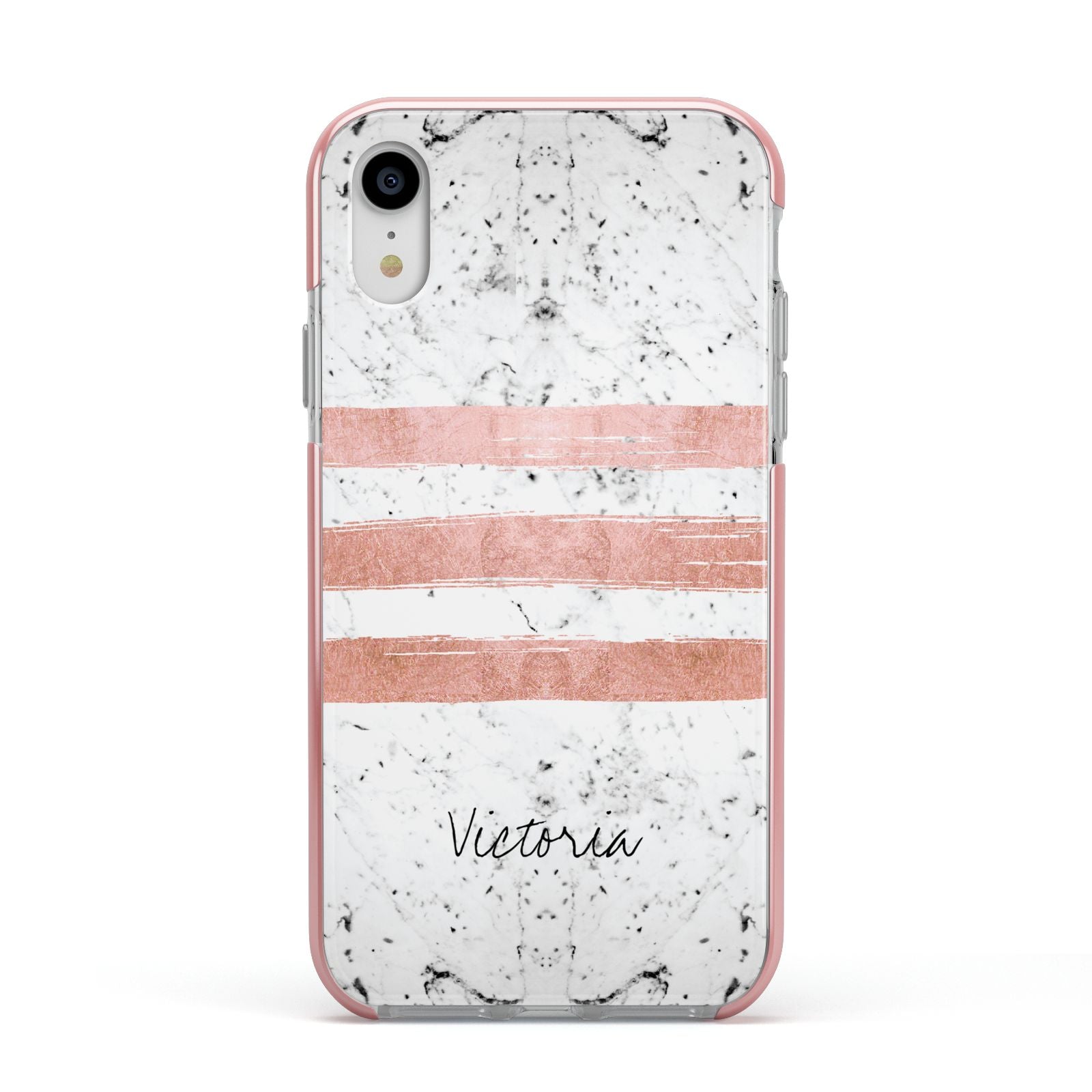Personalised Rose Gold Brush Marble Initial Apple iPhone XR Impact Case Pink Edge on Silver Phone
