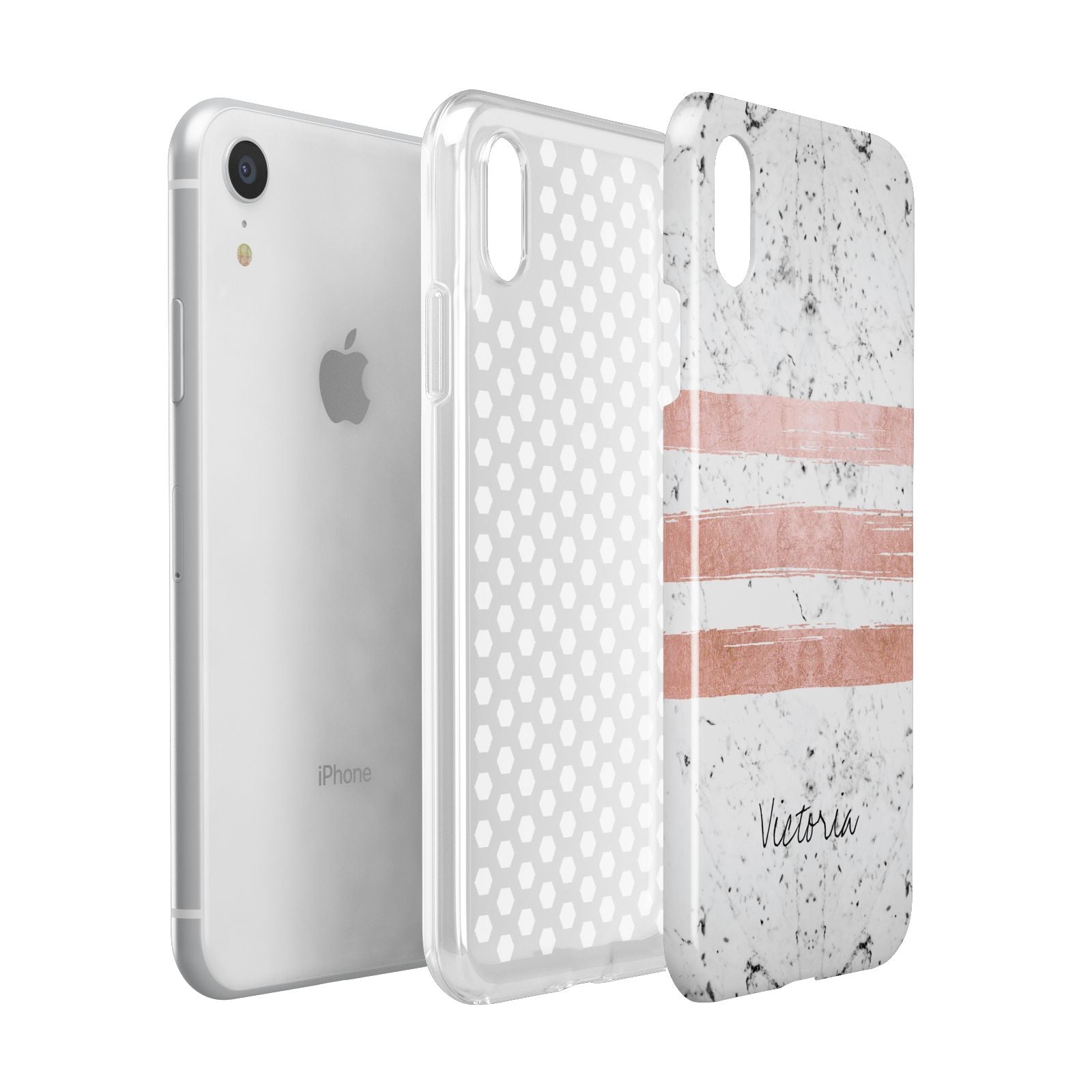Personalised Rose Gold Brush Marble Initial Apple iPhone XR White 3D Tough Case Expanded view