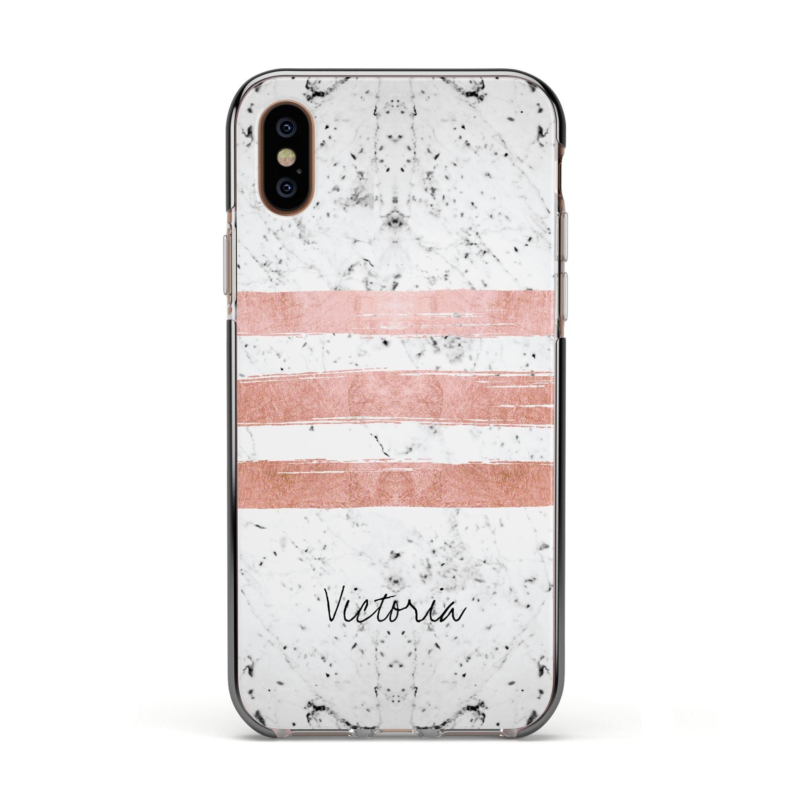 Personalised Rose Gold Brush Marble Initial Apple iPhone Xs Impact Case Black Edge on Gold Phone