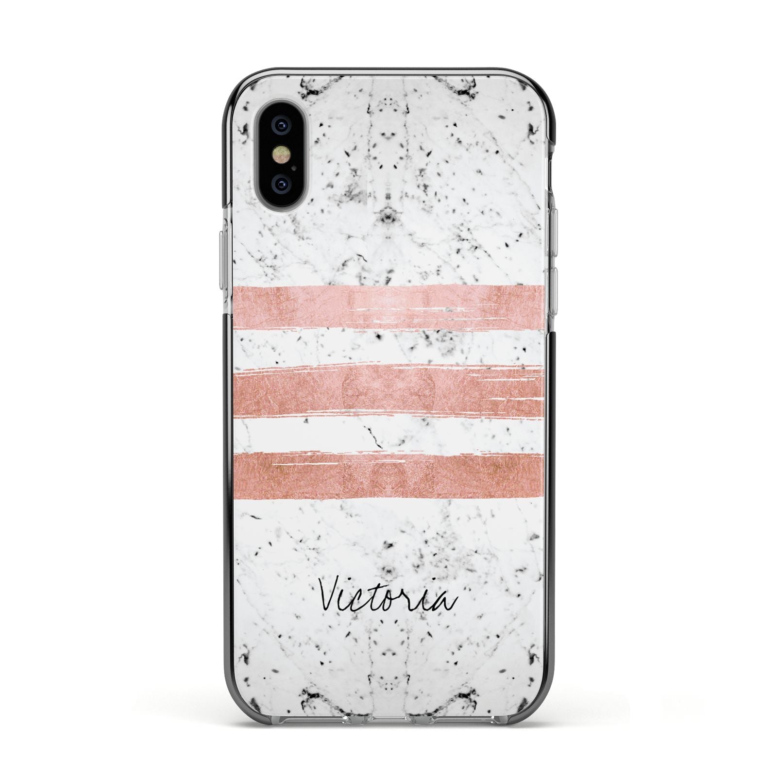Personalised Rose Gold Brush Marble Initial Apple iPhone Xs Impact Case Black Edge on Silver Phone