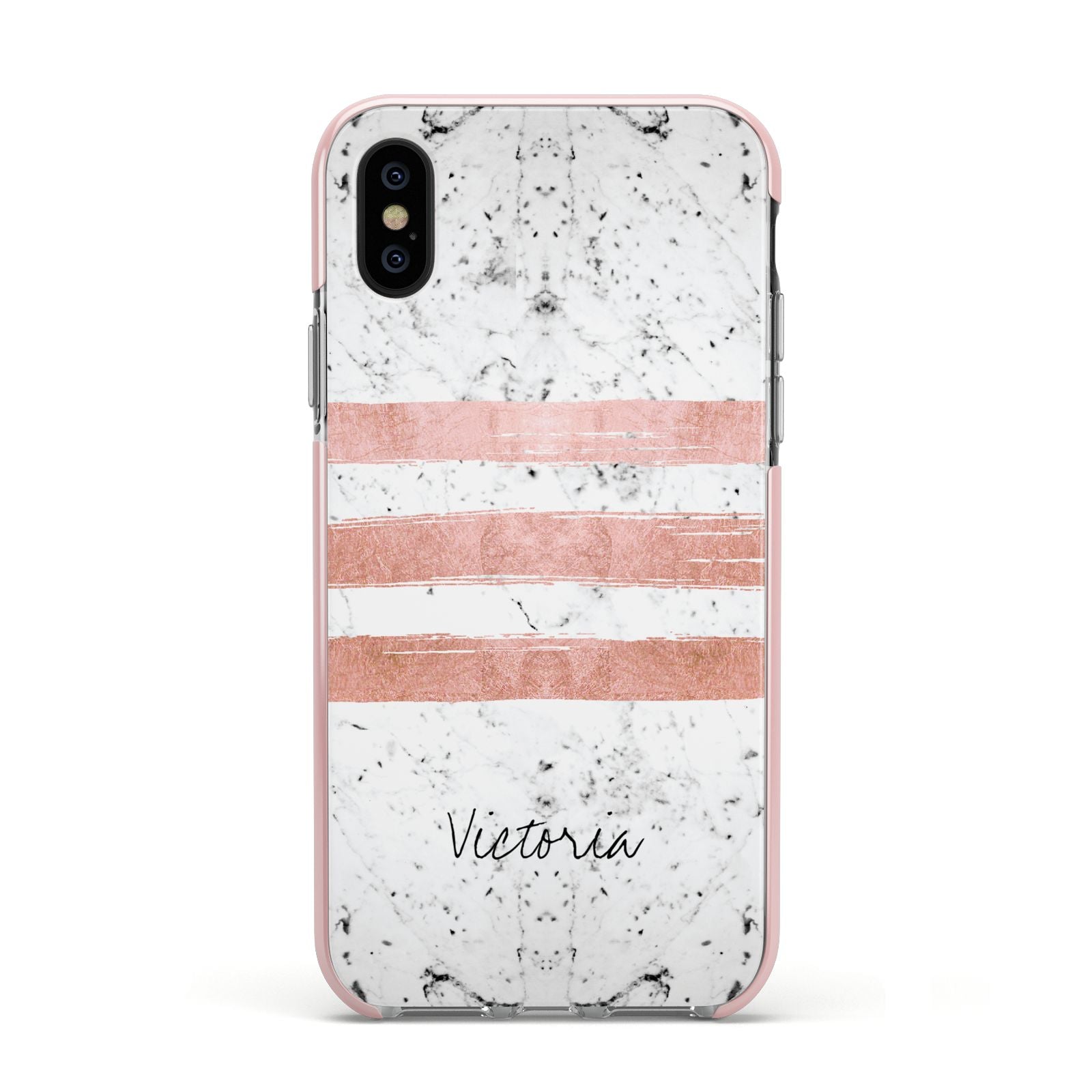 Personalised Rose Gold Brush Marble Initial Apple iPhone Xs Impact Case Pink Edge on Black Phone