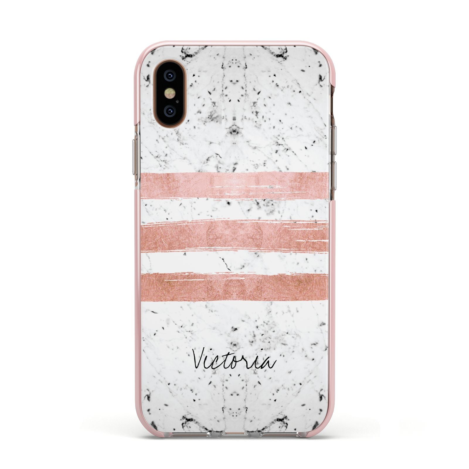 Personalised Rose Gold Brush Marble Initial Apple iPhone Xs Impact Case Pink Edge on Gold Phone