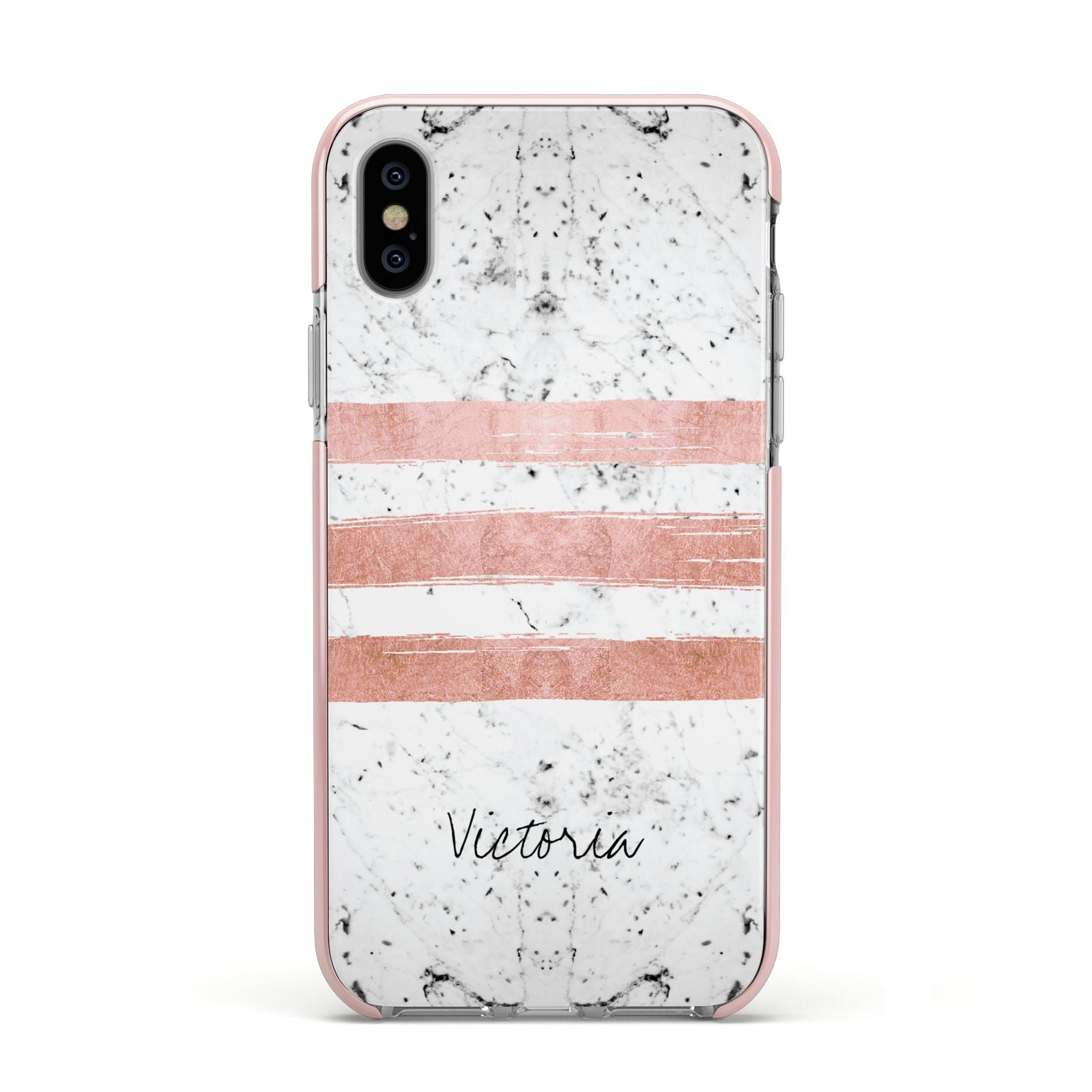Personalised Rose Gold Brush Marble Initial Apple iPhone Xs Impact Case Pink Edge on Silver Phone