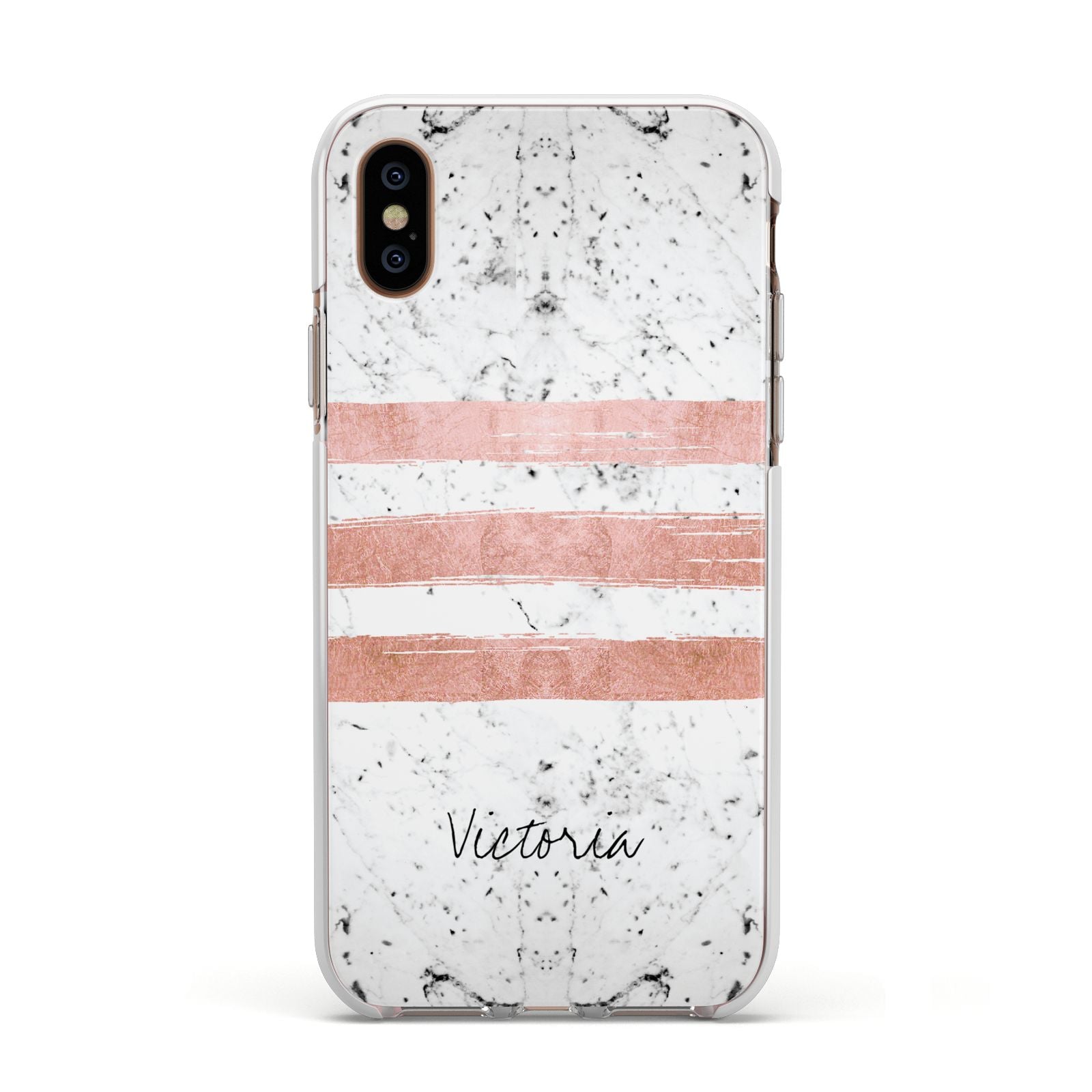 Personalised Rose Gold Brush Marble Initial Apple iPhone Xs Impact Case White Edge on Gold Phone