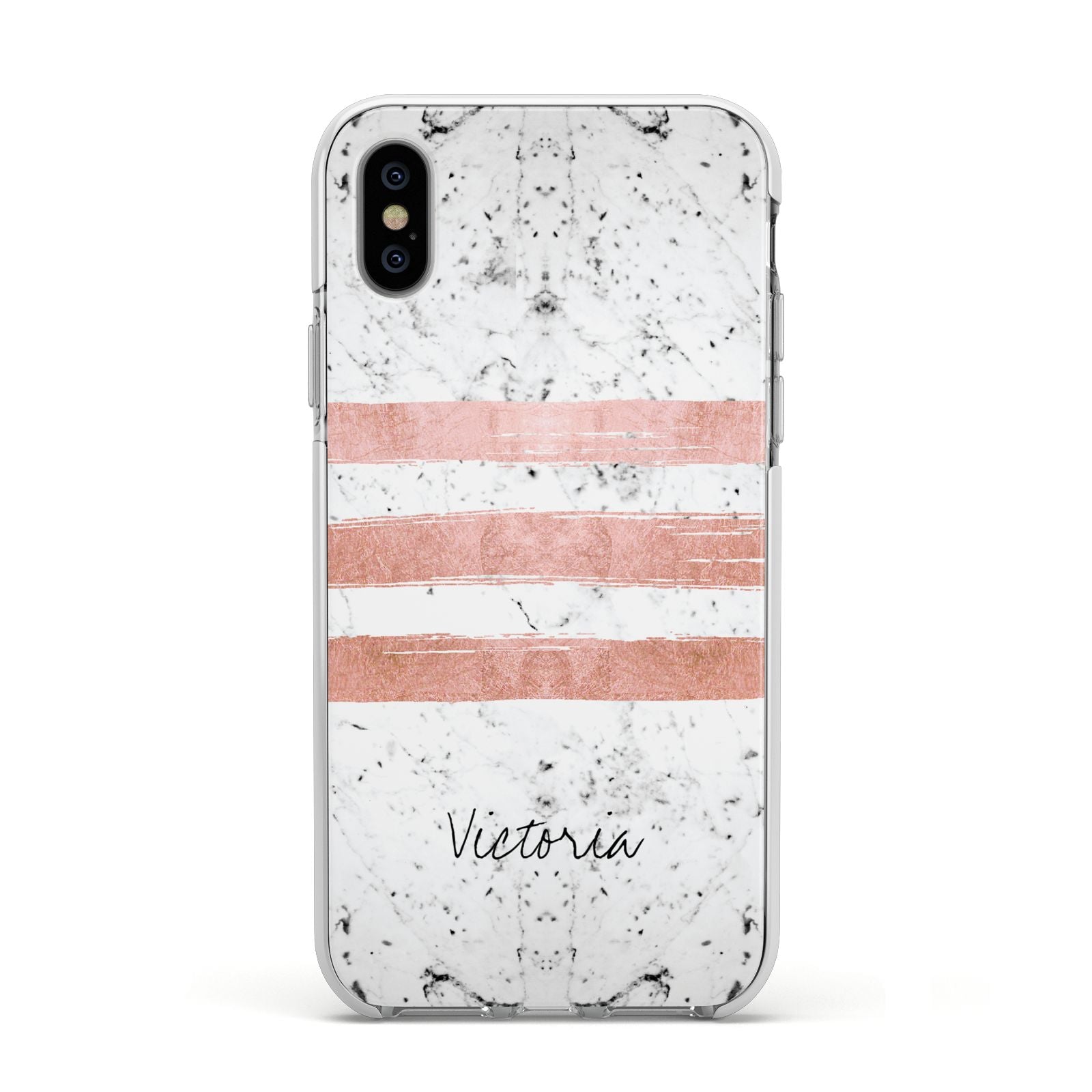 Personalised Rose Gold Brush Marble Initial Apple iPhone Xs Impact Case White Edge on Silver Phone